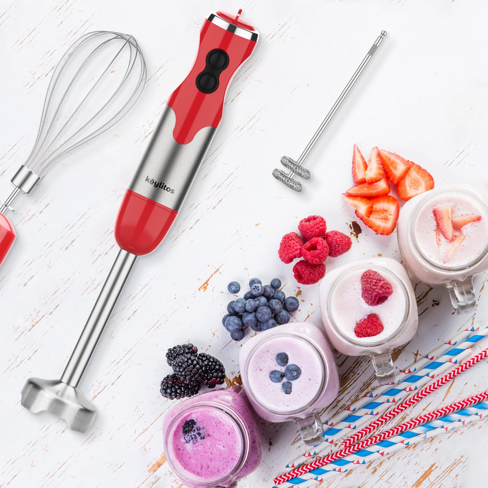 Keylitos Batidora de mano roja de 600 ml con accesorios 5 en 1, Turbo Boost y control de velocidad ajustable