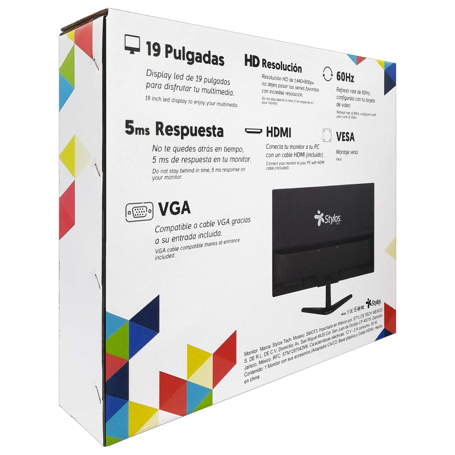 Monitor Stylos 19" HD Resolución 1440x900 HDMI/Vesa Tech