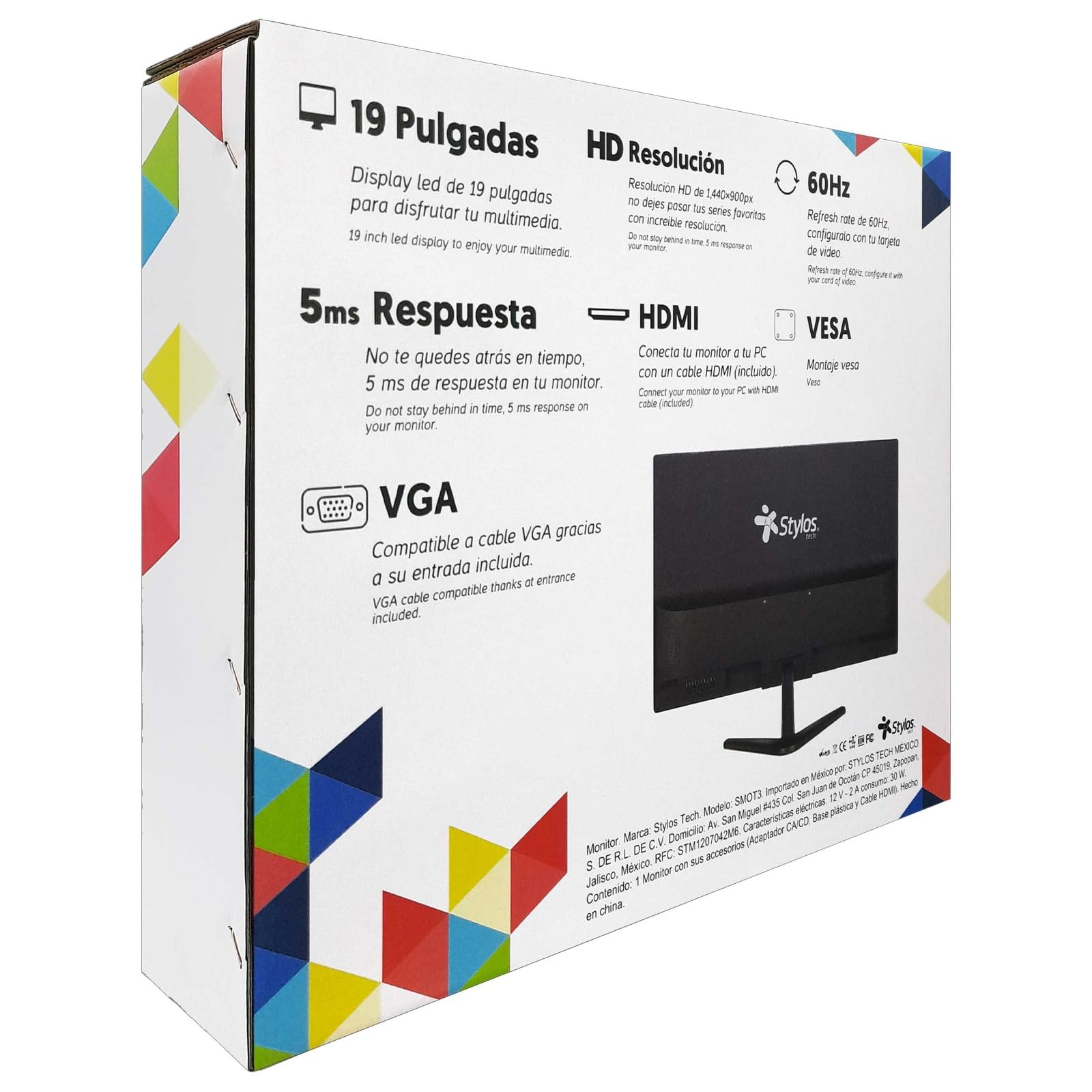 Monitor Stylos 19" HD Resolución 1440x900 HDMI/Vesa Tech
