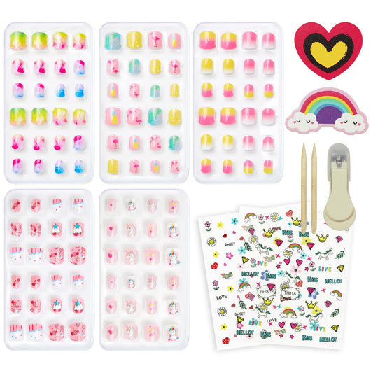 CUXFLS 120 uñas postizas para niñas, cortas y artificiales, con prepegamento, con purpurina y cobertura total, ideales como decoración artística y colorida, estilo 1