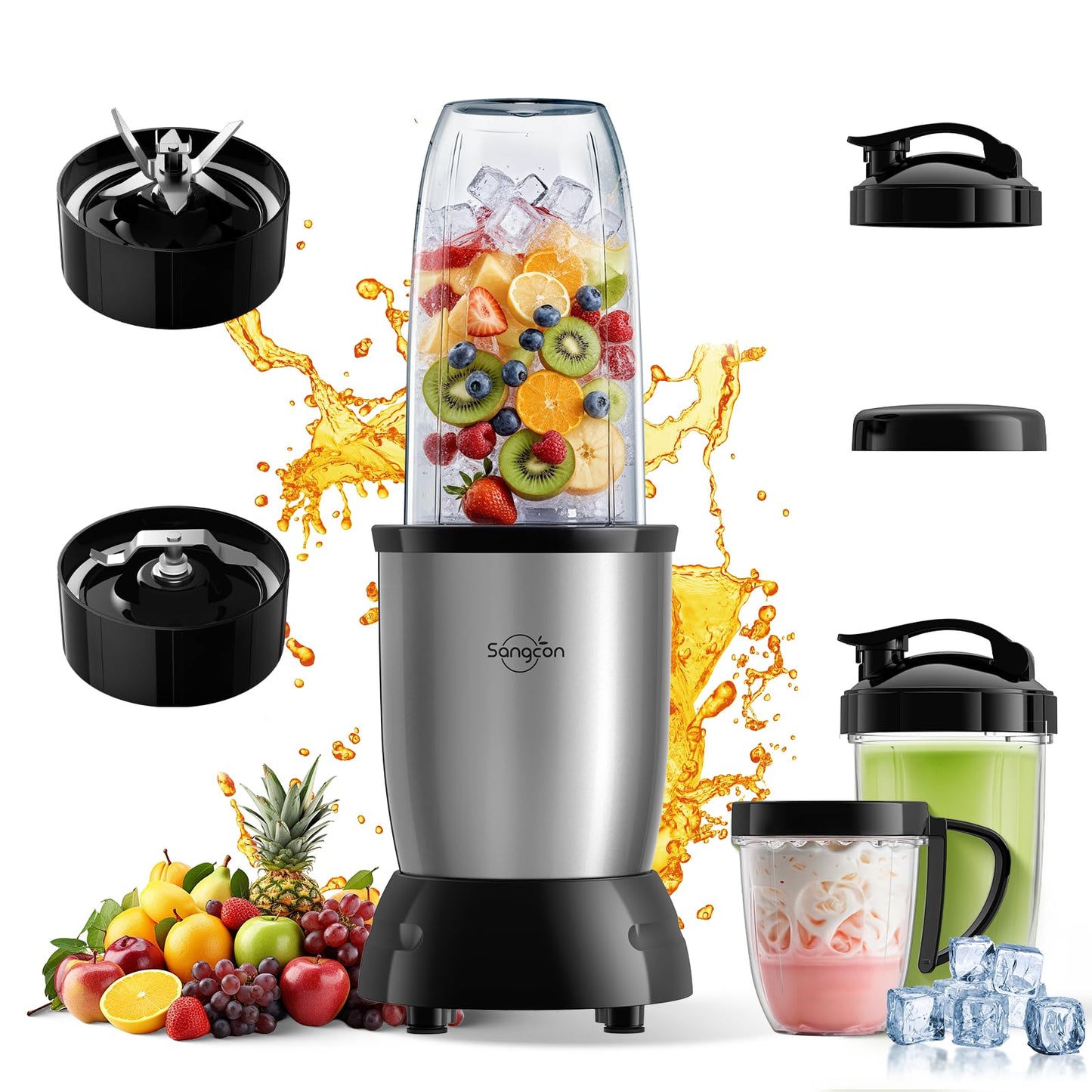 Sangcon Licuadora de licuado de 1000 W para cocina, licuadora para batidos, con tazas sin BPA de 24 onzas, 29 onzas, batidoras personales portátiles mejoradas para batidos, frutas congeladas