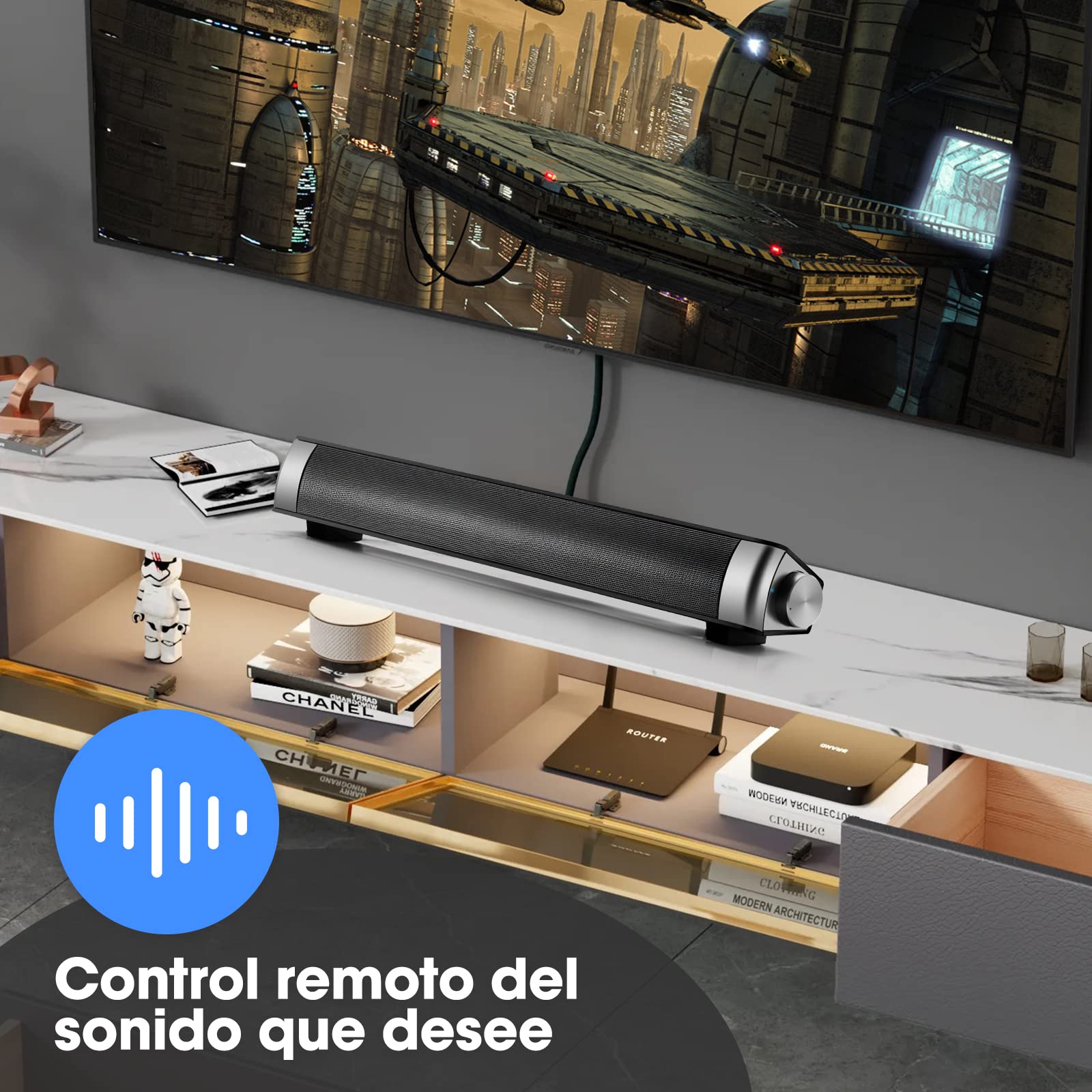Reproductor Bluetooth,Altavoz Inalámbrico Bluetooth, con Conexión AUX/TF Sonido Envolvente Estéreo de 360, Reproducción Manos Libres, ,Minisistema de Audio para TV,Altavoces de Cine en Casa (Plata)
