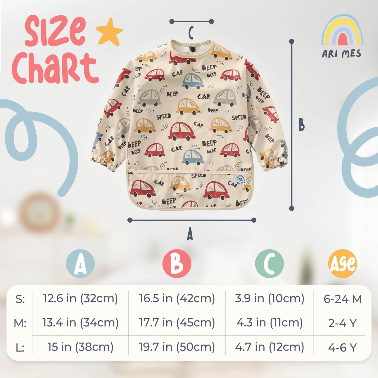 ARI MES - Babero de manga larga impermeable para bebé, traje de babero de manga completa para bebé niño o niña, talla M, azul