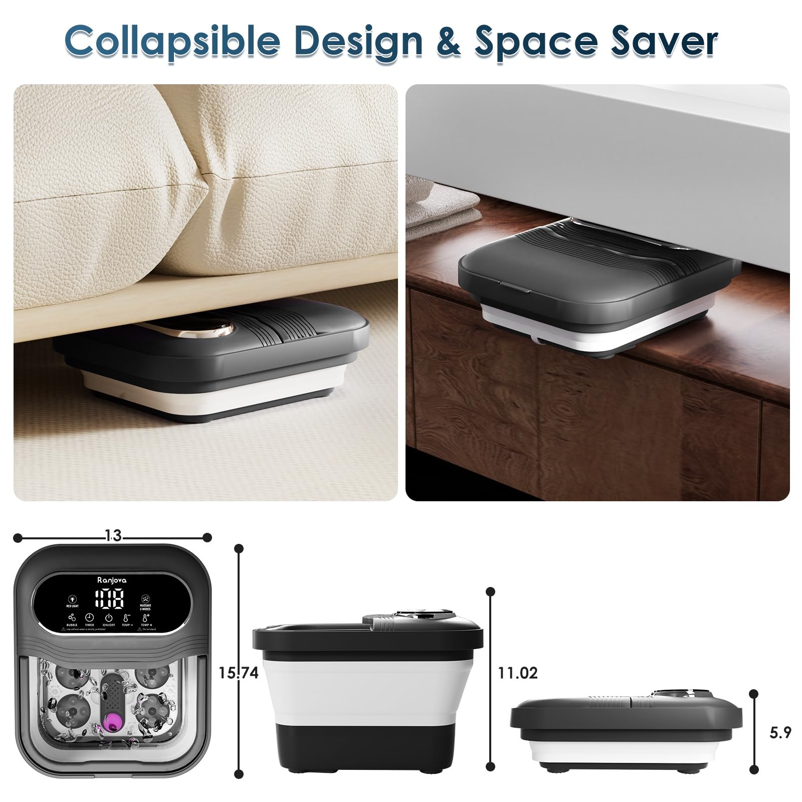 Baño de Pies Ranjova Eléctrico con Masaje Giratorio y Burbujas, Plegable con Calor y 24 Bolas de Shiatsu Motorizadas