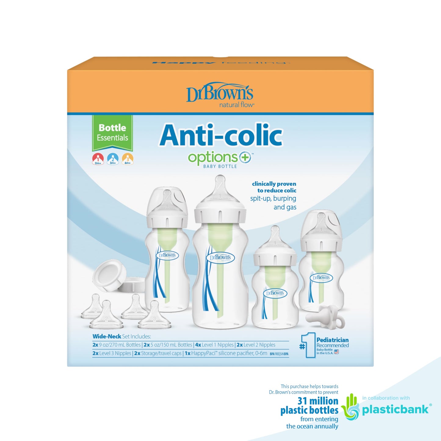 Dr. Brown's Opciones anticólicos + biberones de cuello ancho para reducir los cólicos, juego de regalo esencial para biberones