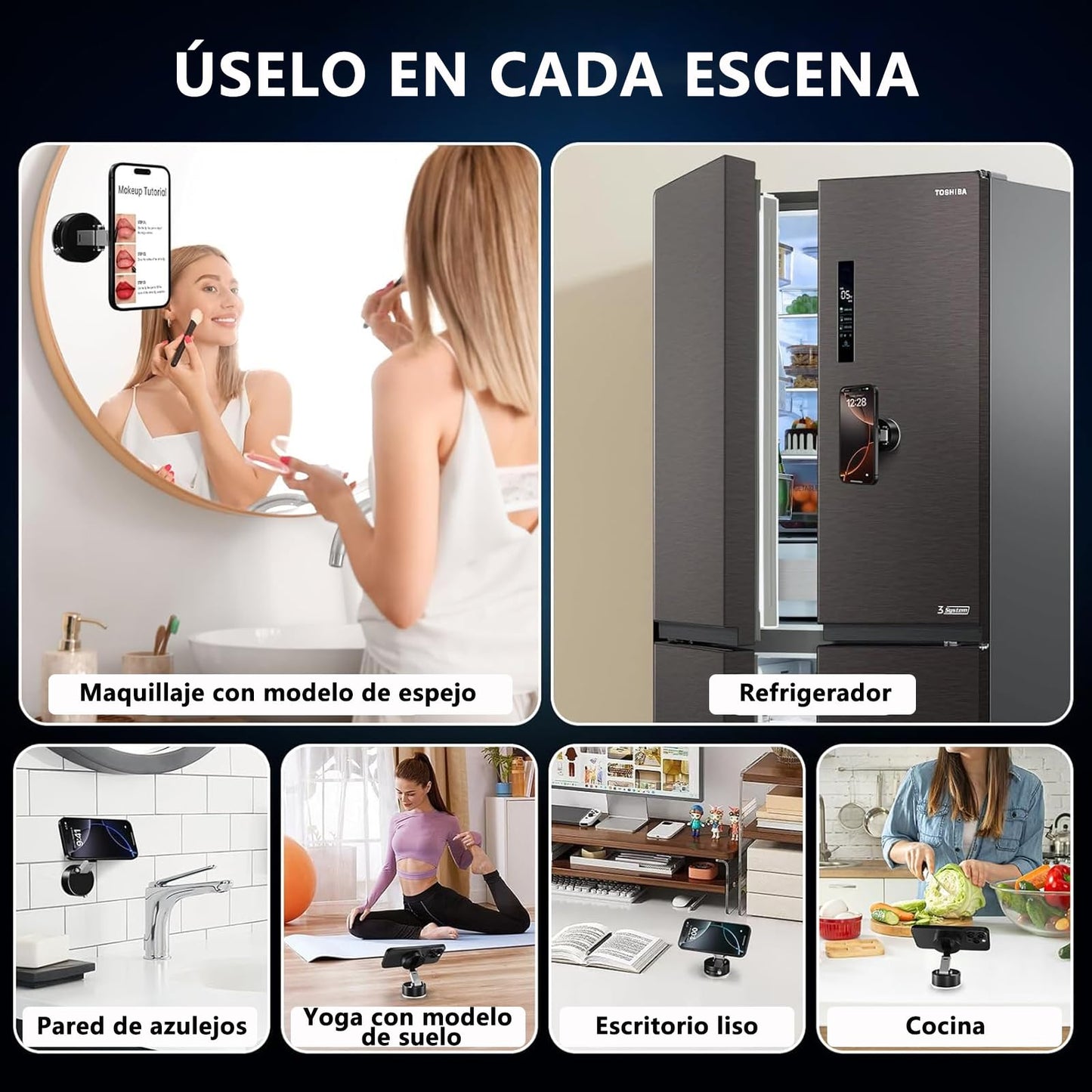 Soporte para Celular Vacuum Magnetic Negro de Rotación 360 Grados, Plegable y Retráctil para Todo Tipo de Superficie