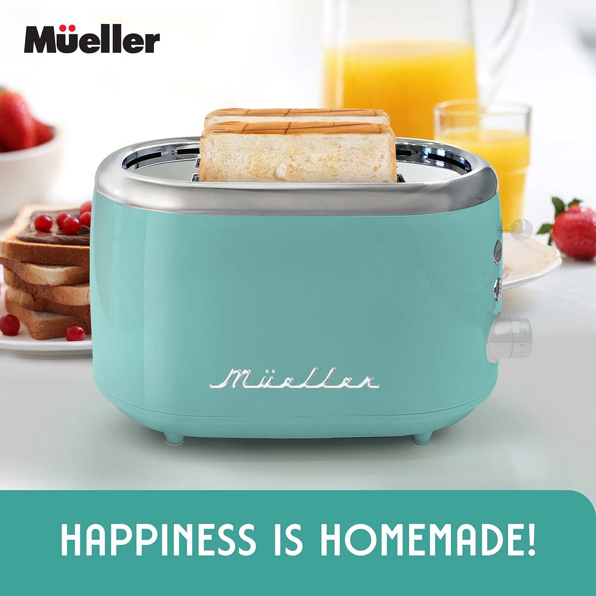 Mueller - Tostador retro para 2 rebanadas con 7 niveles de tostado y 3 funciones, calentar, descongelar y cancelar, acero inoxidable, charola de residuos extraíble, compartimento de cable bajo base,