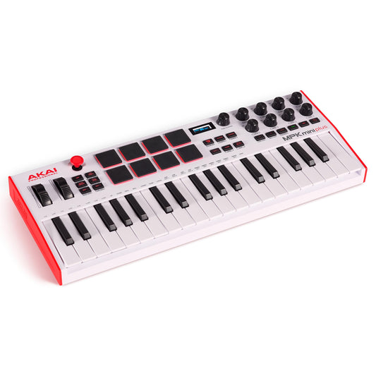Akai Professional MPK Mini Plus - Teclado Controlador MIDI USB de 37 Mini Teclas con 8 Pads MPC, Secuenciador, MIDI/CV/Gate I/O, Software de Producción y Native Instruments Sound Package, Blanco