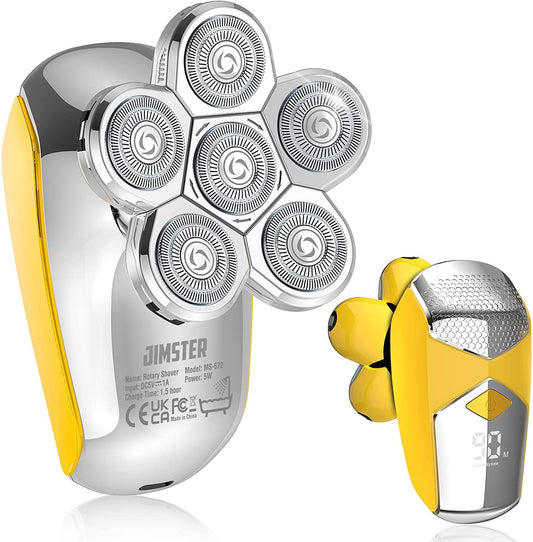 JIMSTER - Afeitadora de cabeza para hombres, 5 en 1 para hombres calvos, IPX7 impermeable, kit de afeitadora eléctrica con cortapelos para barba, recortadora de nariz, pantalla LED de carga tipo C inalámbrica (amarillo)