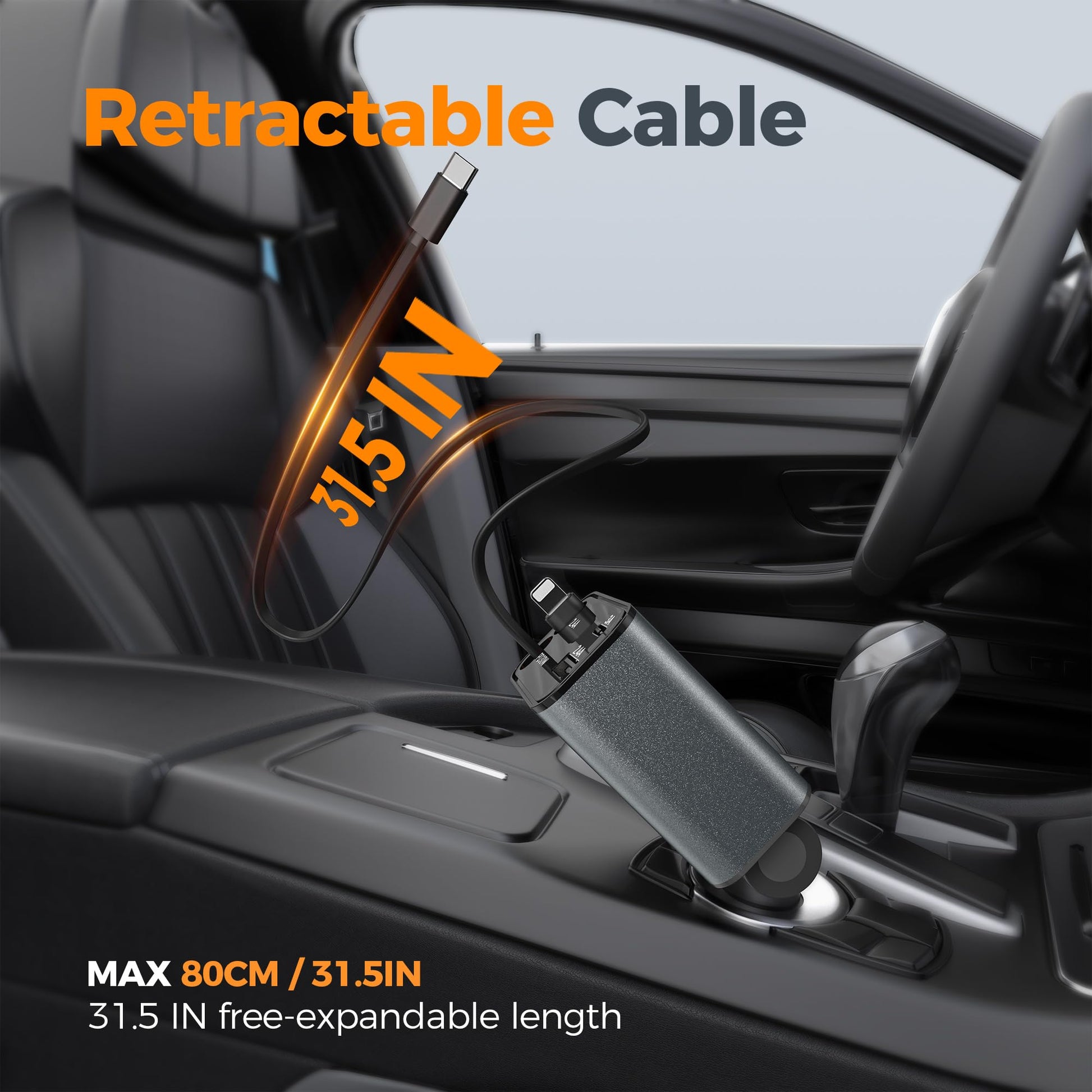 TESSAN Cargador para Auto Retráctil 69W, 4 en 1 USB C Cargador de Coche con 31.5in de Cable y 180° de Rotación, Accesorios para Auto Rápida Carga Compatible con iPhone 16/15, S24/S25 Ultra, Gris