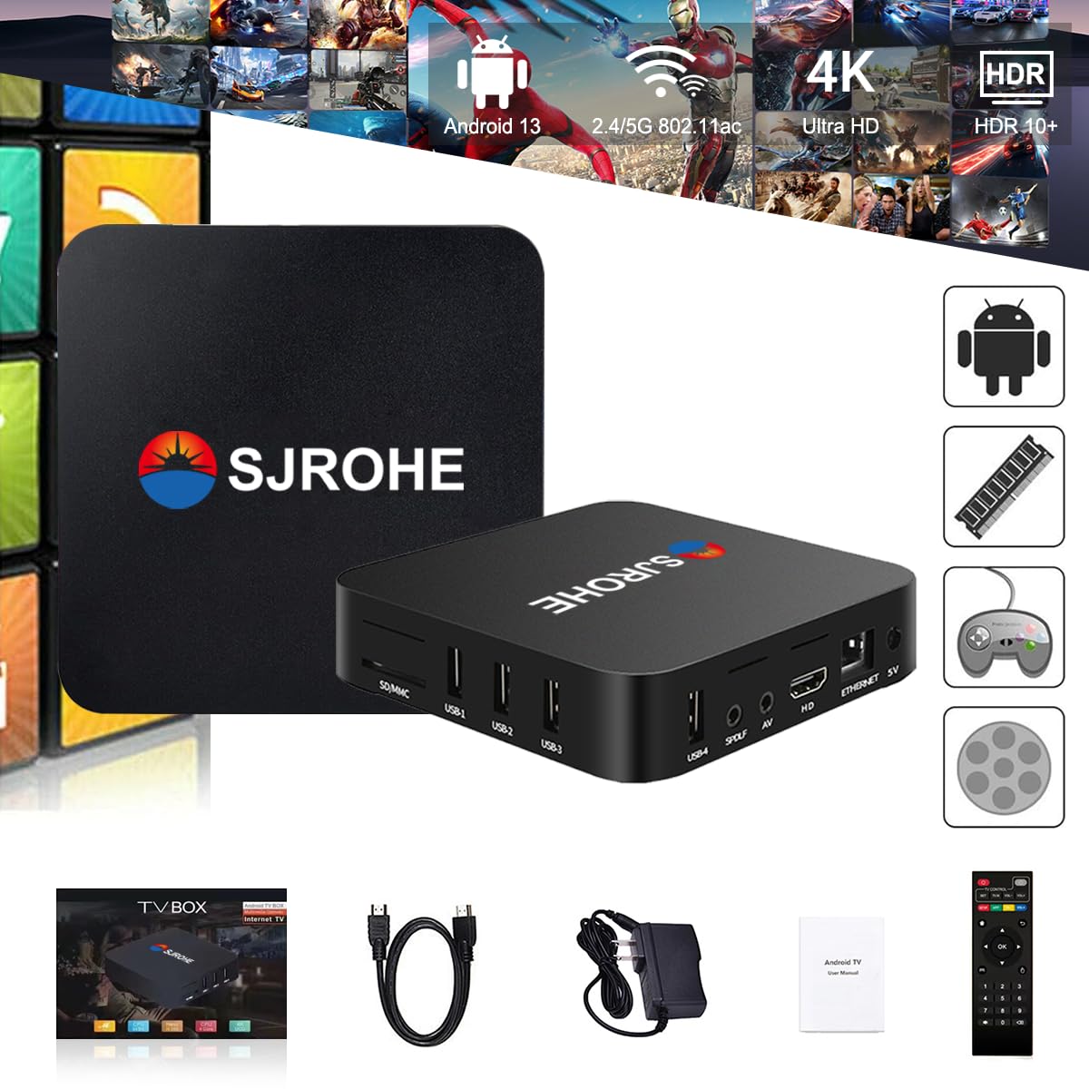 BJLBOJEY TV Box,Android TV Box con 4GB RAM 32GB ROM, TV Box 4K con Android 13.0, 2.4/5G Doble WiFi,HDR10+,Control Remoto IR