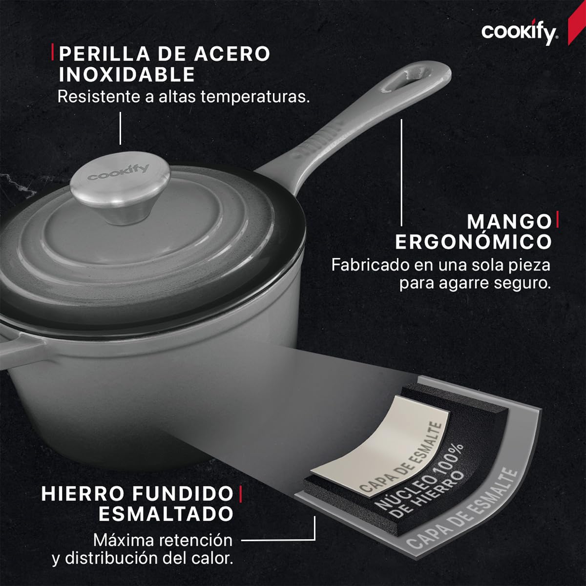 Cookify Olla de Hierro Fundido Esmaltado para Horno y Estufa, Capacidad 1.5 Litros (Gris, 17 cm)