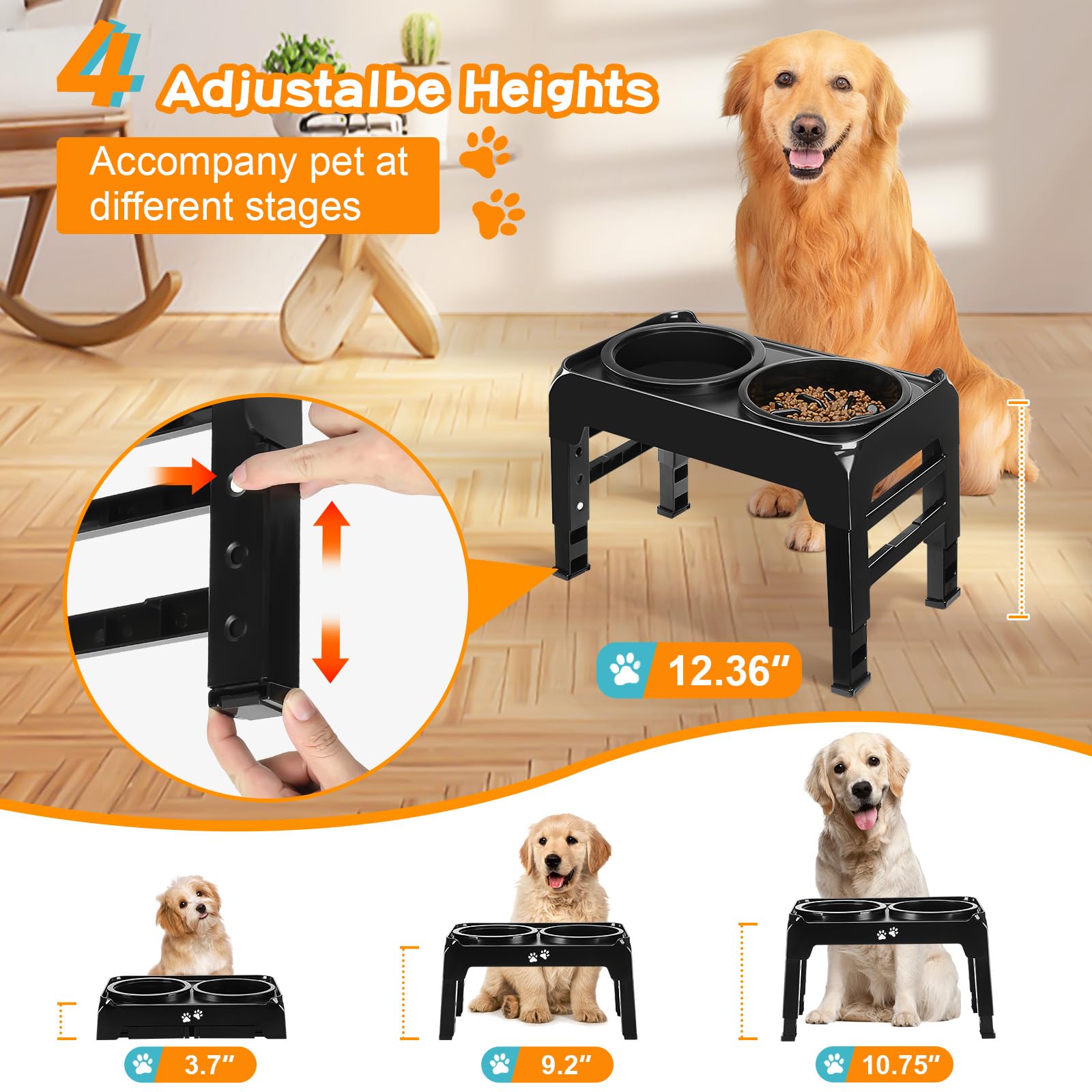 COMESOON SELPONT Bowls Slow Feeder with No Spill Dog Water Bowl 4 Height Adjustable Raised Dog Bowl Stand for Food and Water, Non-Slip Dog Feeder for Medium Large Dogs, Black