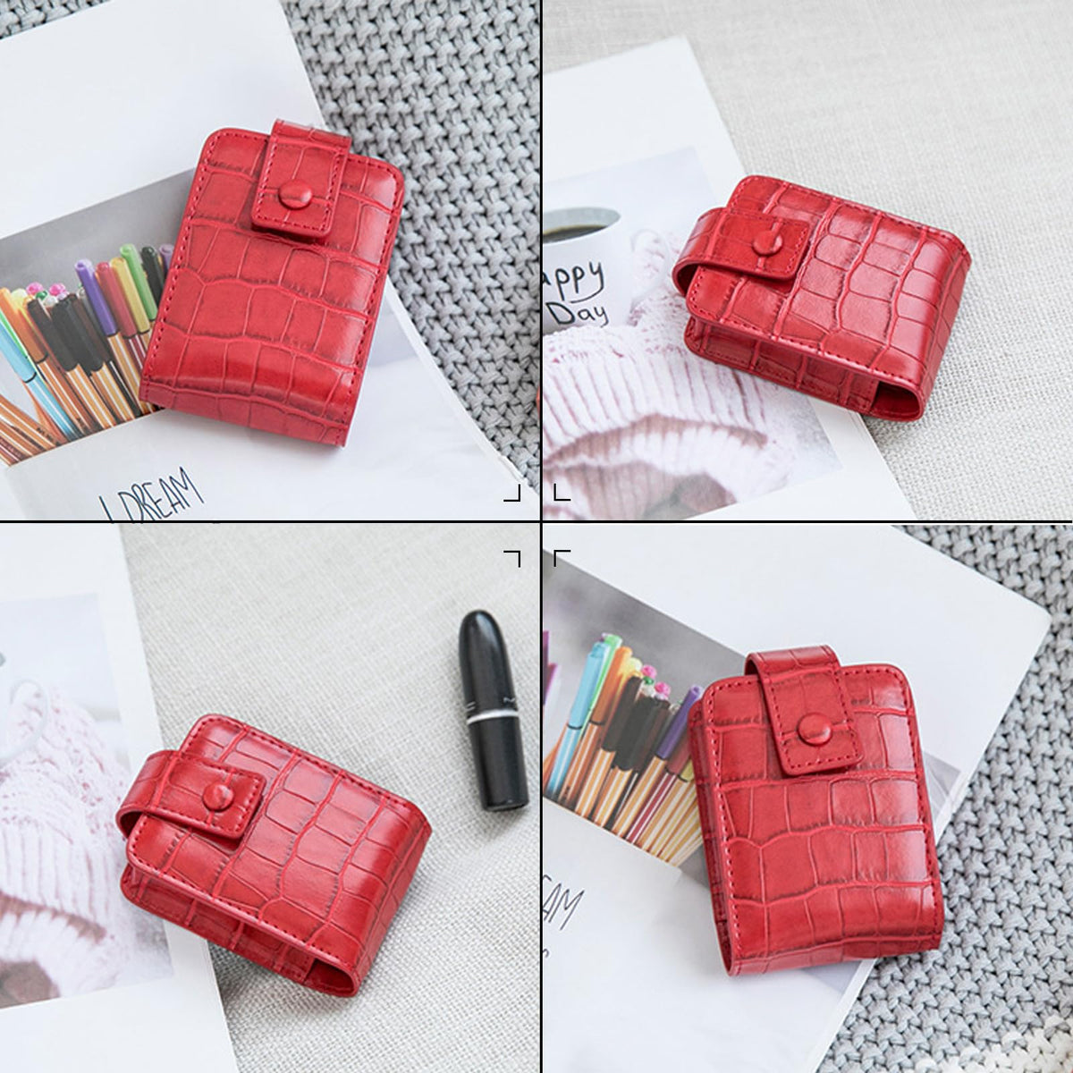 PORRASSO Estuche para Lápiz Labial con Espejo Estuche para Pintalabios Mini Bolsa de Maquillaje Portátil Almacenamiento PU Bolsa de Cosméticos Rojo Vino
