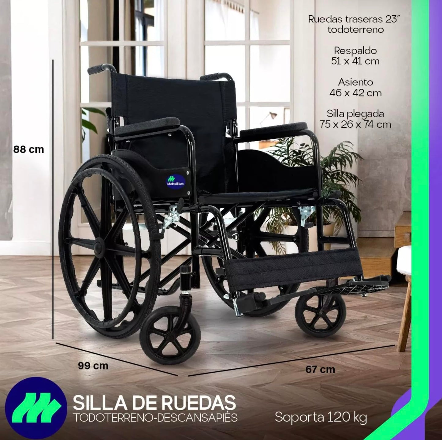 Silla De Ruedas Medical Store Negra Todo Terreno Plegable Con Freno De Mano Adulto Mayor