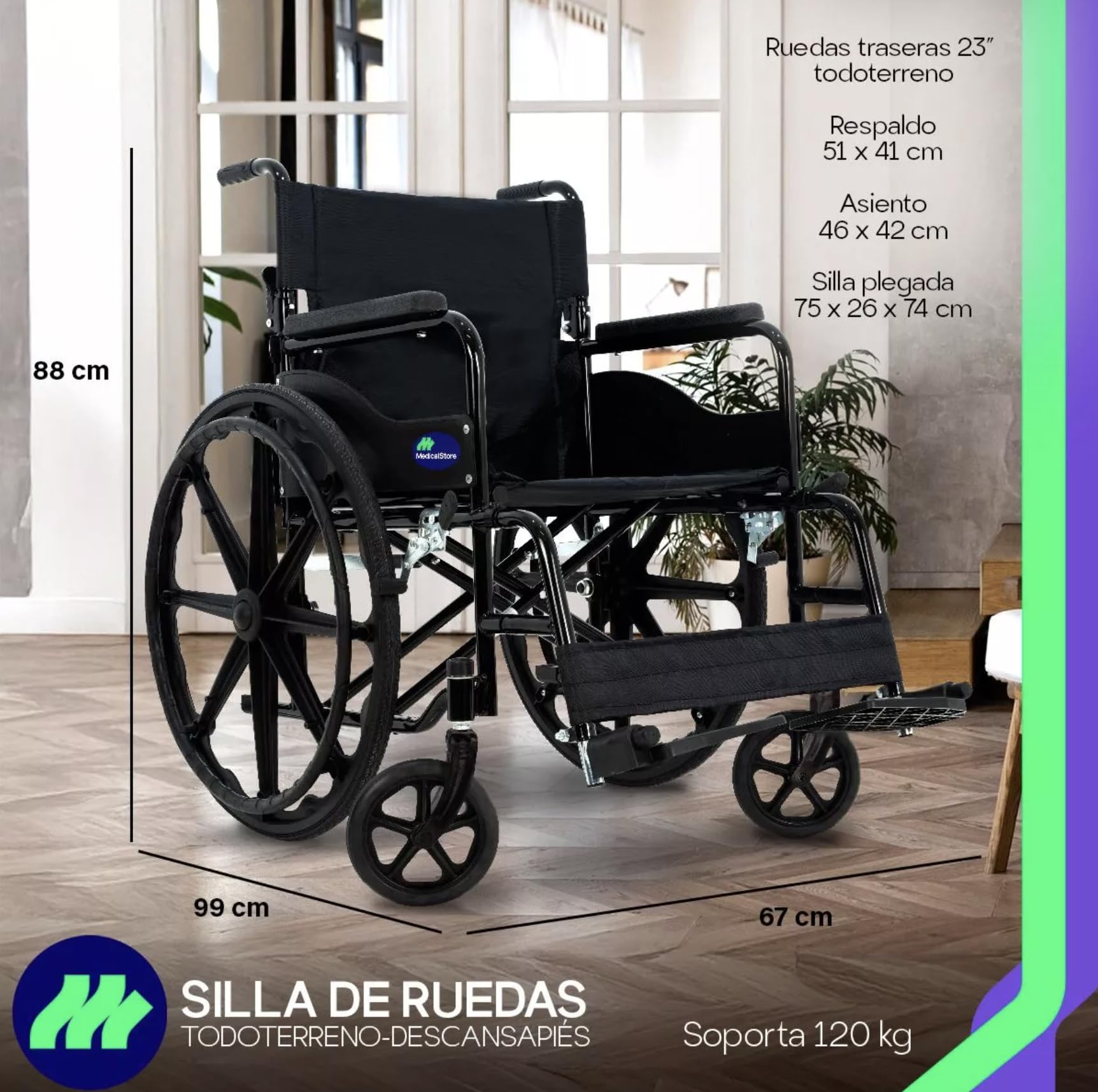 Silla De Ruedas Medical Store Negra Todo Terreno Plegable Con Freno De Mano Adulto Mayor