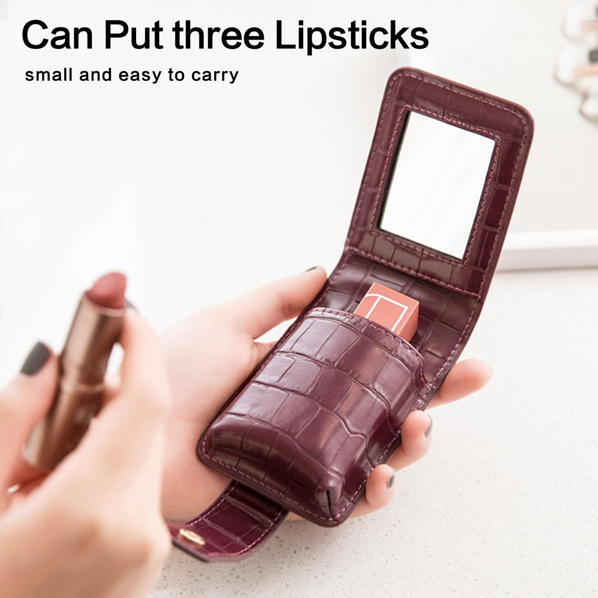 PORRASSO Estuche para Lápiz Labial con Espejo Estuche para Pintalabios Mini Bolsa de Maquillaje Portátil Almacenamiento PU Bolsa de Cosméticos Rojo Vino