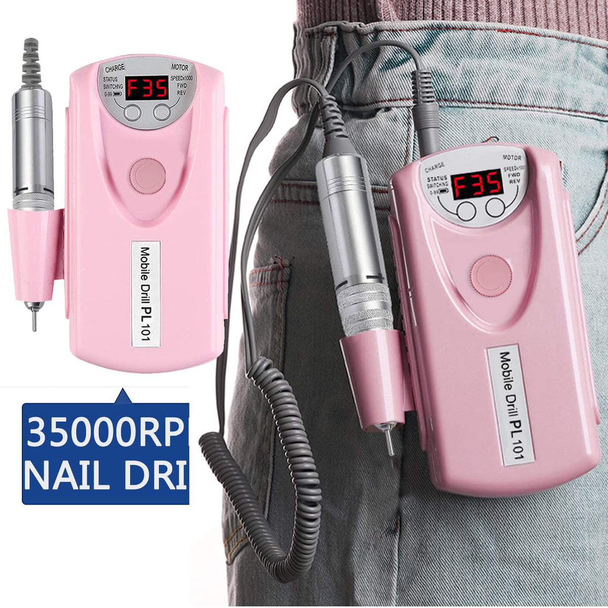 Máquina Taladro de Uñas Recargable Profesional Rosa 35000 RPM con Herramientas de Pulido para Manicura y Pedicura