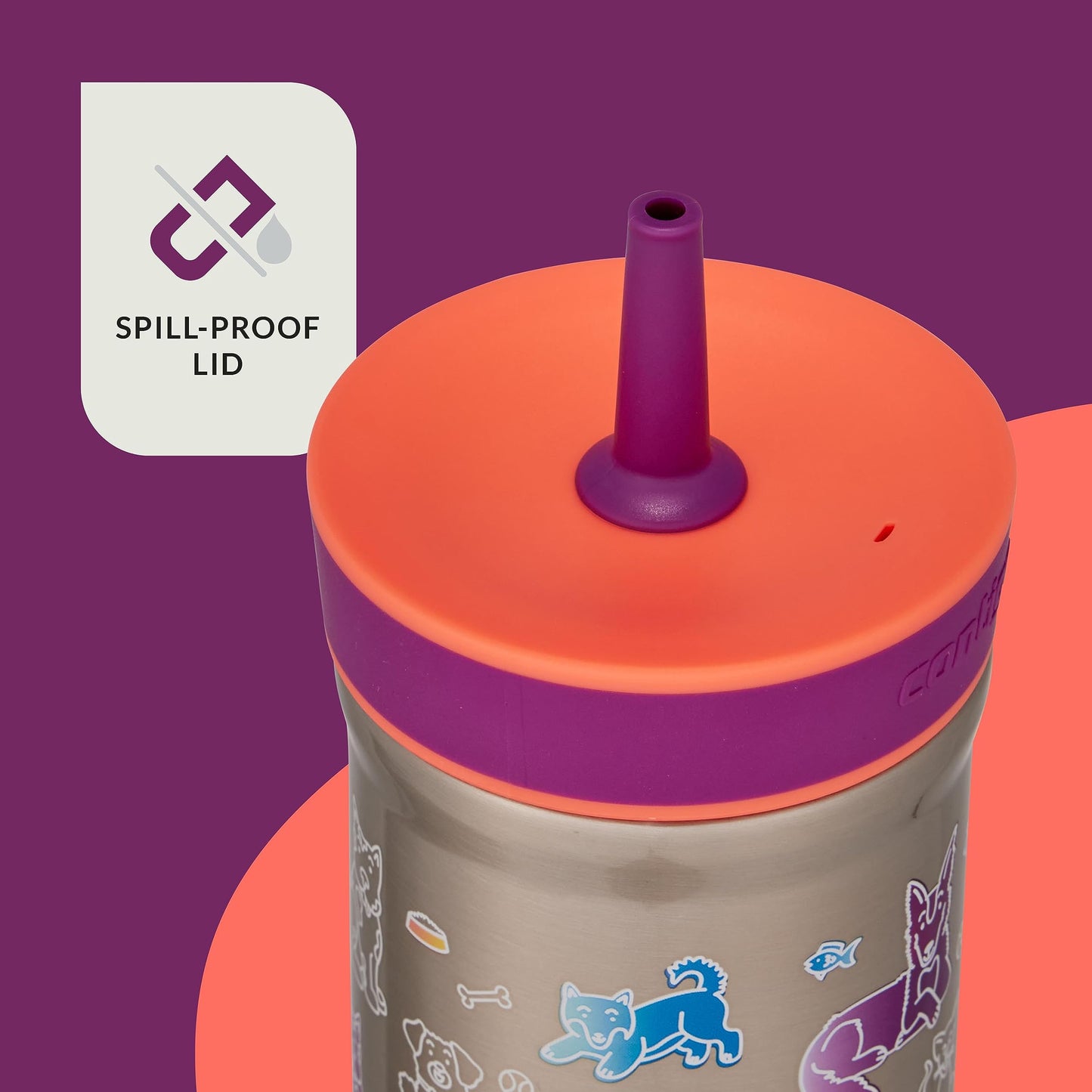 Contigo Leighton Vaccum-Insulated Kids Water Bottle with Spill-Proof Lid and Straw, 12oz Stainless Steel Water Bottle with Straw for Kids, Keeps Drinks Cold up to 13 Hours, Coral/Grape