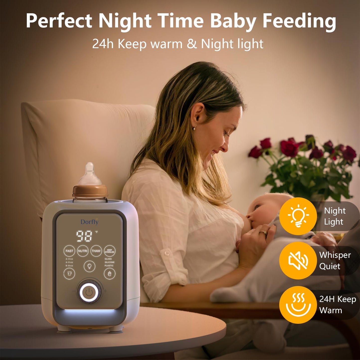 DORFLY Calientabiberones Dorfly giratorio, calentamiento rápido en 3 minutos, 9 en 1 para leche materna y fórmula, control preciso de temperatura.