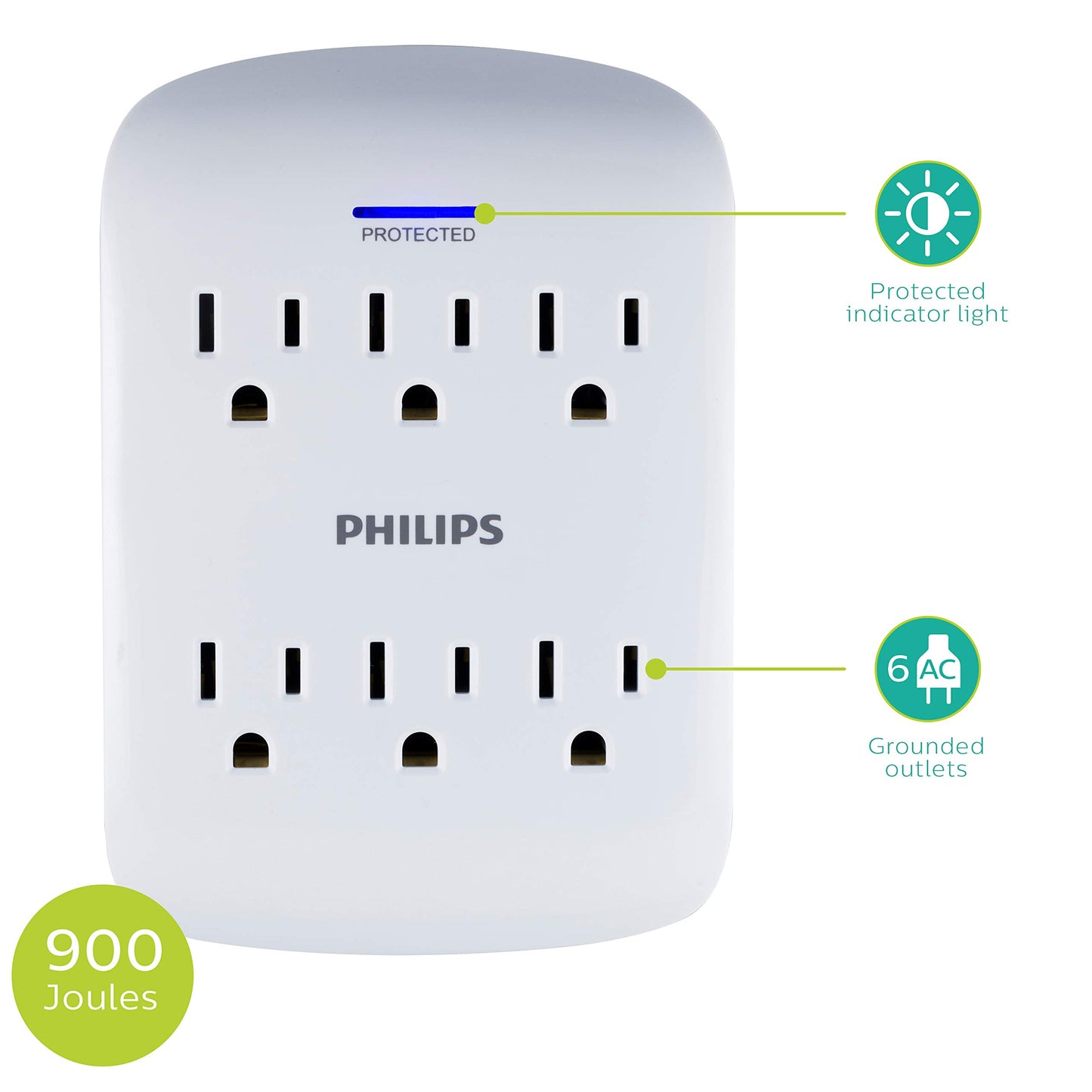 Multicontacto de Pared PHILIPS Blanco con Supresor de Picos y Protección contra Sobretensiones 900 Julios (Paquete de 2)