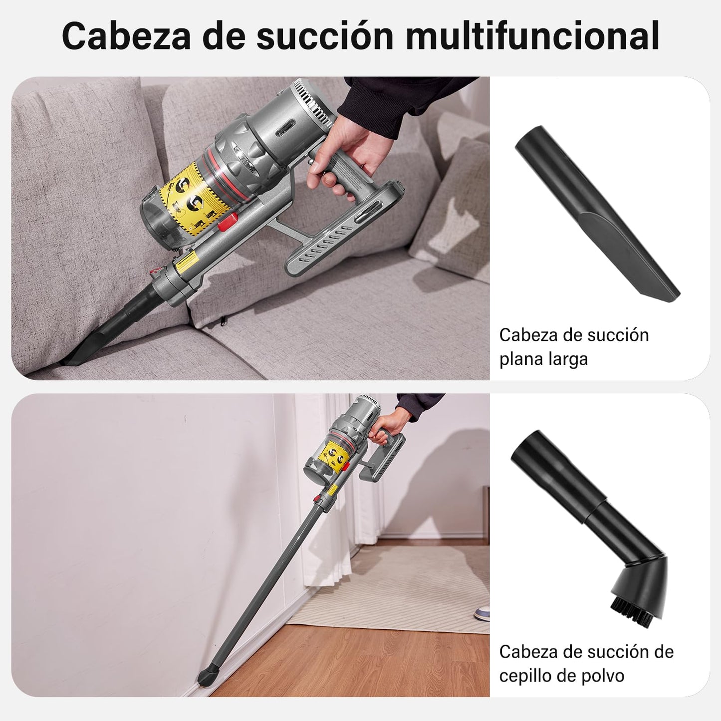 Aspiradora Inalámbrica, 16kPa Aspiradora de Mano con 4 Boquillas, Tiempo de Ejecución Duradero, 3 en 1 Aspiradora Vertical para Limpieza de Sofás, Alfombras, Pelos de Mascotas y Auto (Plata)