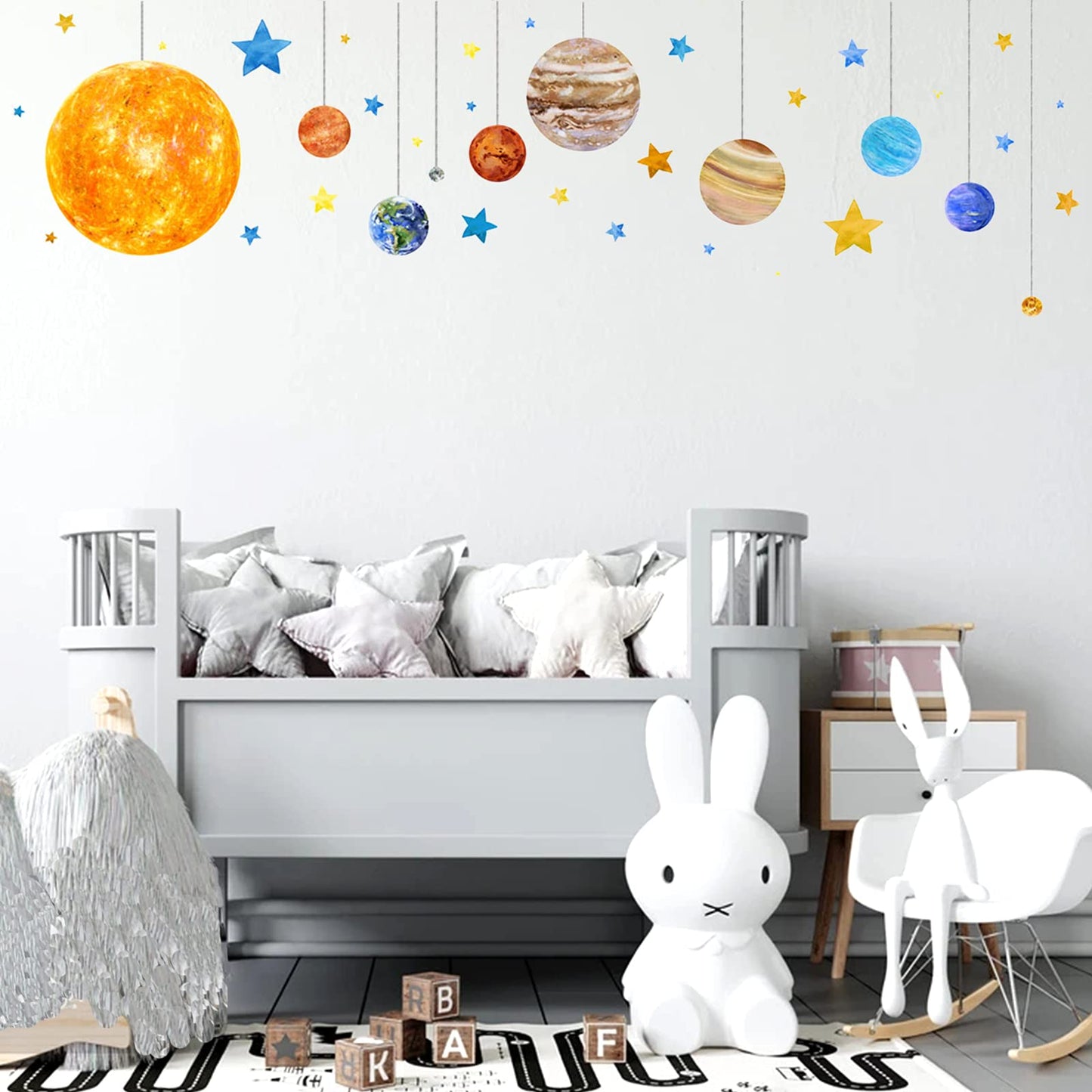 Calcomanías de pared con sistema solar extraíble, decoración de pared con estrellas de dibujos animados, decoración de pared de universo de despegar y pegar, papel pintado de vinilo para niños y niños