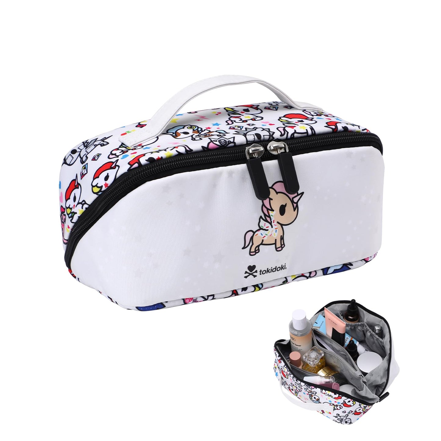 Tokidoki Unicorno Bolsa de maquillaje de viaje, bolsa de aseo plana abierta de gran capacidad, bolsa de cosméticos con asa y divisor, bolsa de maquillaje portátil de dibujos animados, Blanco