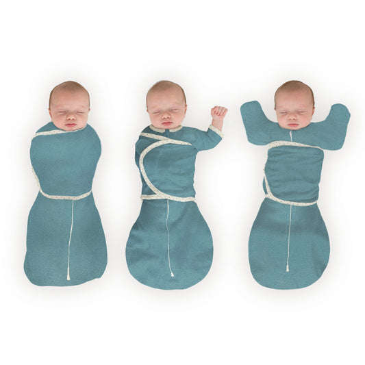 SwaddleDesigns - Saco Omni de 6 vías para recién nacido con mangas envolventes y puños de manopla, fácil transición, mejor sueño para bebés y niñas, verde azulado jaspeado, S, 0-3 meses