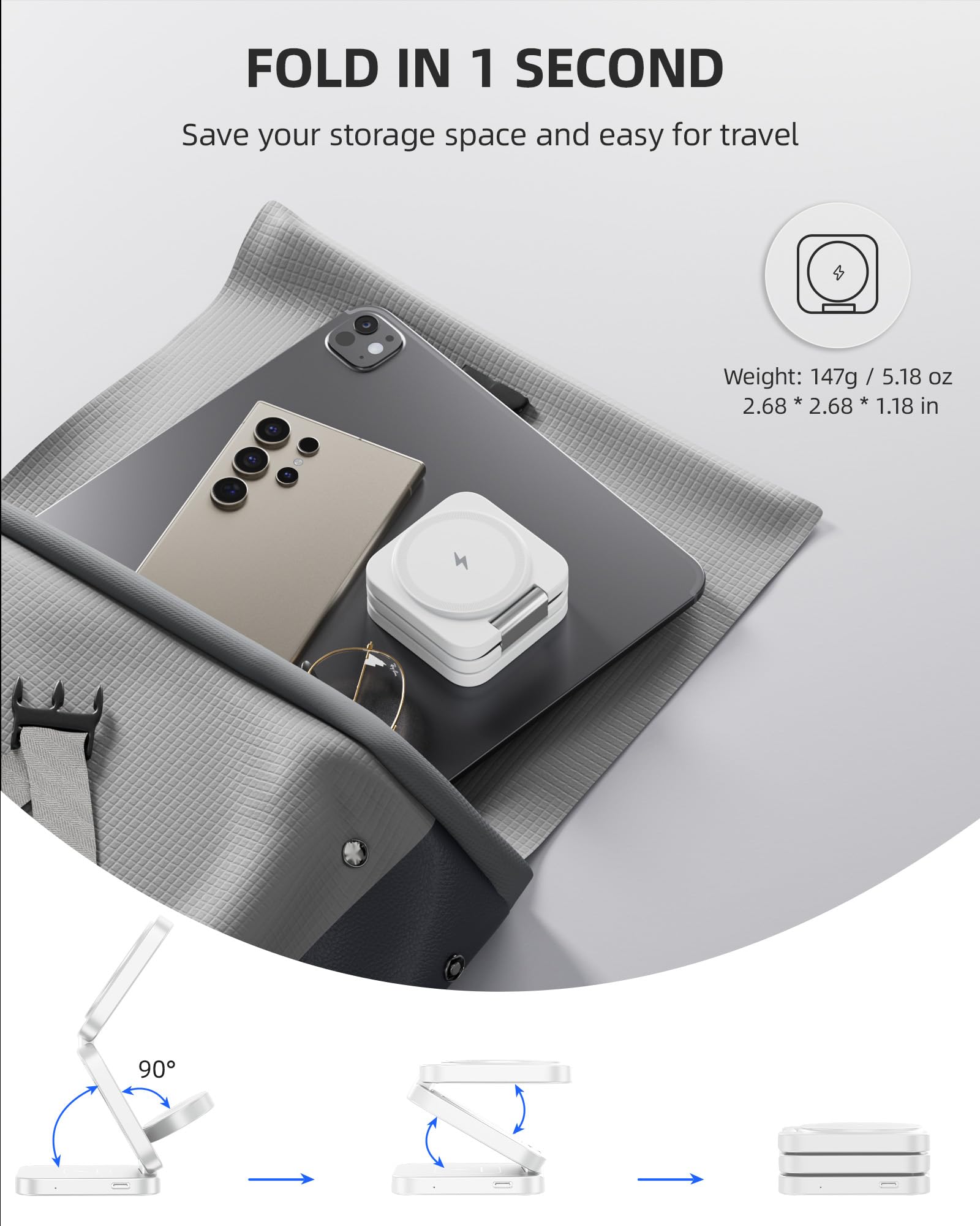 Estación de carga inalámbrica plegable 3 en 1 para Samsung, KU XIU X55 Ultra Magnetic Cargador de viaje para Galaxy S24 Ultra S23 S22 Note 20 Z Fold Flip 6 5, Galaxy Watch Ultra 7 6 5, Galaxy Buds,