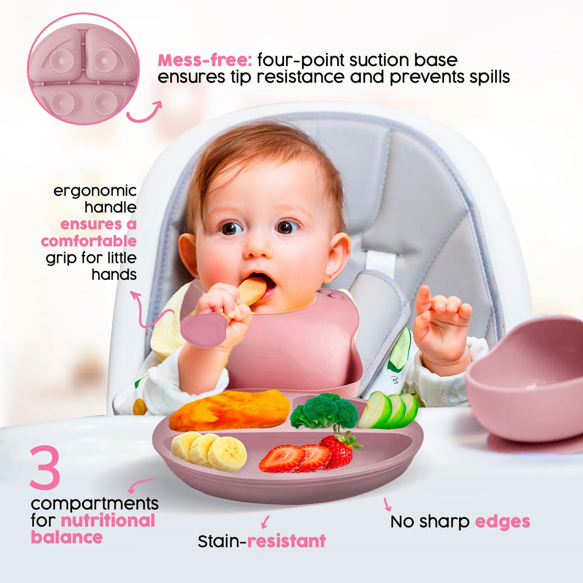 Smart Mommy 2025 - Juego de alimentación de bebé de silicona sin BPA, juego completo de platos y utensilios para bebé: platos, ventosa, utensilios, babero con grabador de alimentos y babero de viaje,