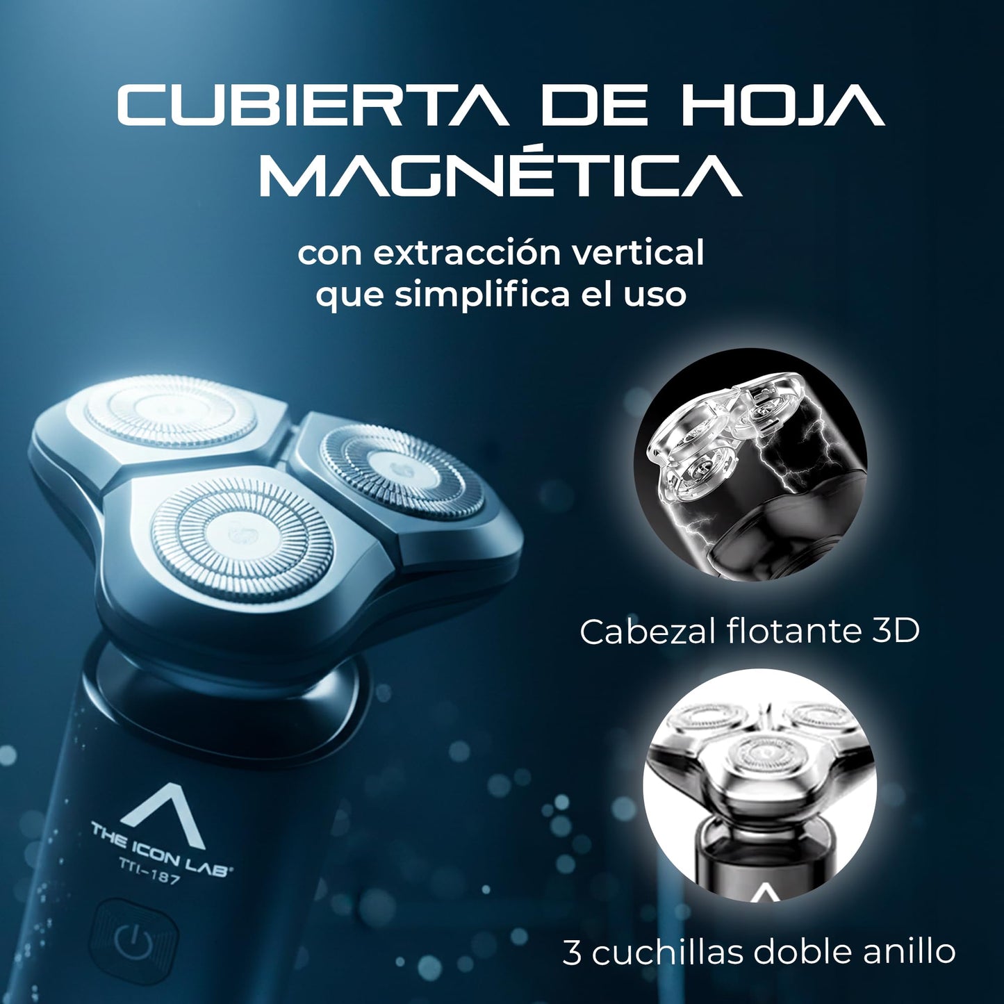THE ICON LAB | Afeitadora Eléctrica Hombre Inalámbrica | Cabezal Flotante con 3 Cuchillas de Doble Anillo | Motor 9000 RPM | 2 Velocidades | Pantalla LCD | Resistente al Agua | Recargable USB