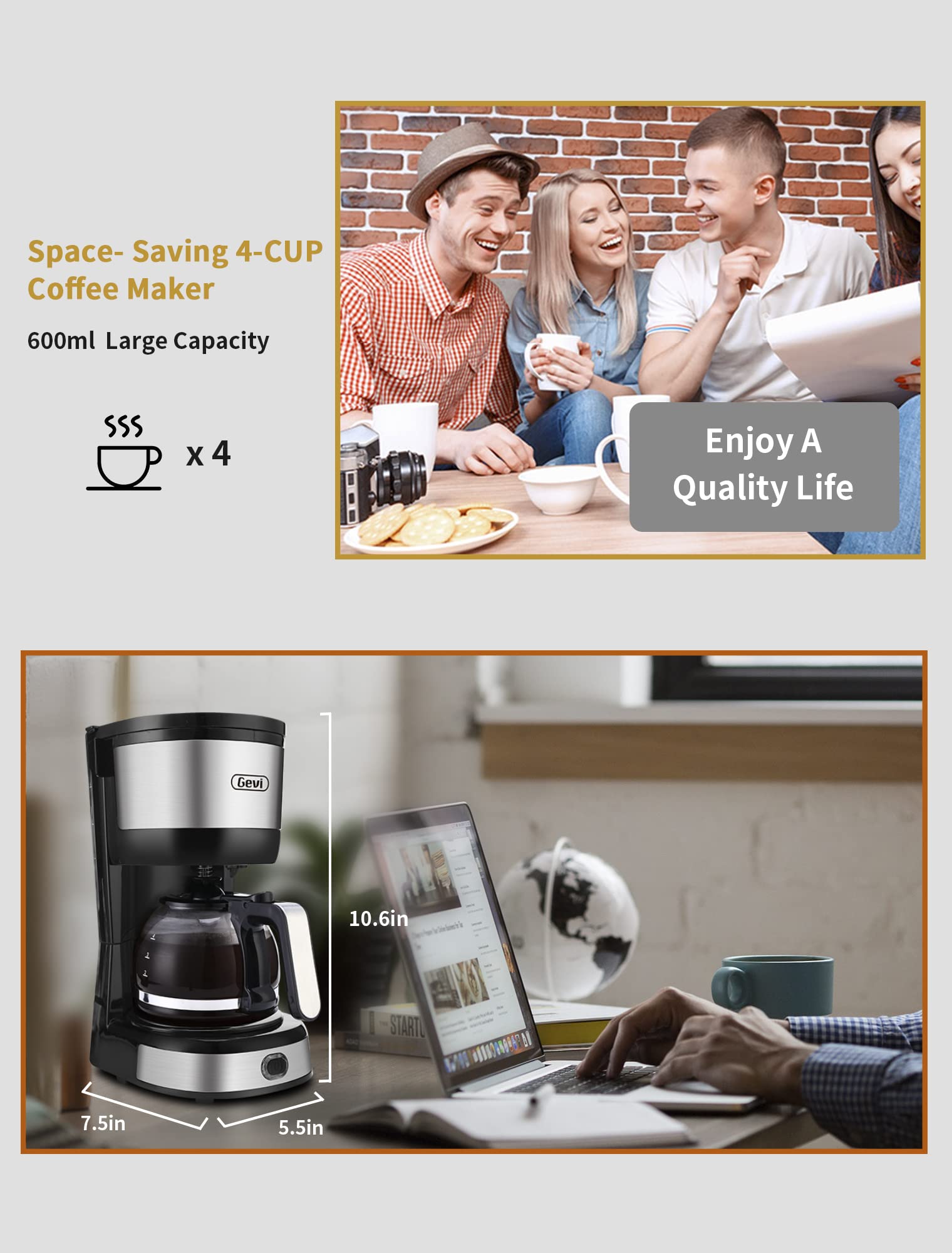 Gevi - Cafetera de 4 tazas con apagado automático, cafetera pequeña con goteo súper automática, cafetera compacta con filtro de cono, jarra de vidrio y placa caliente