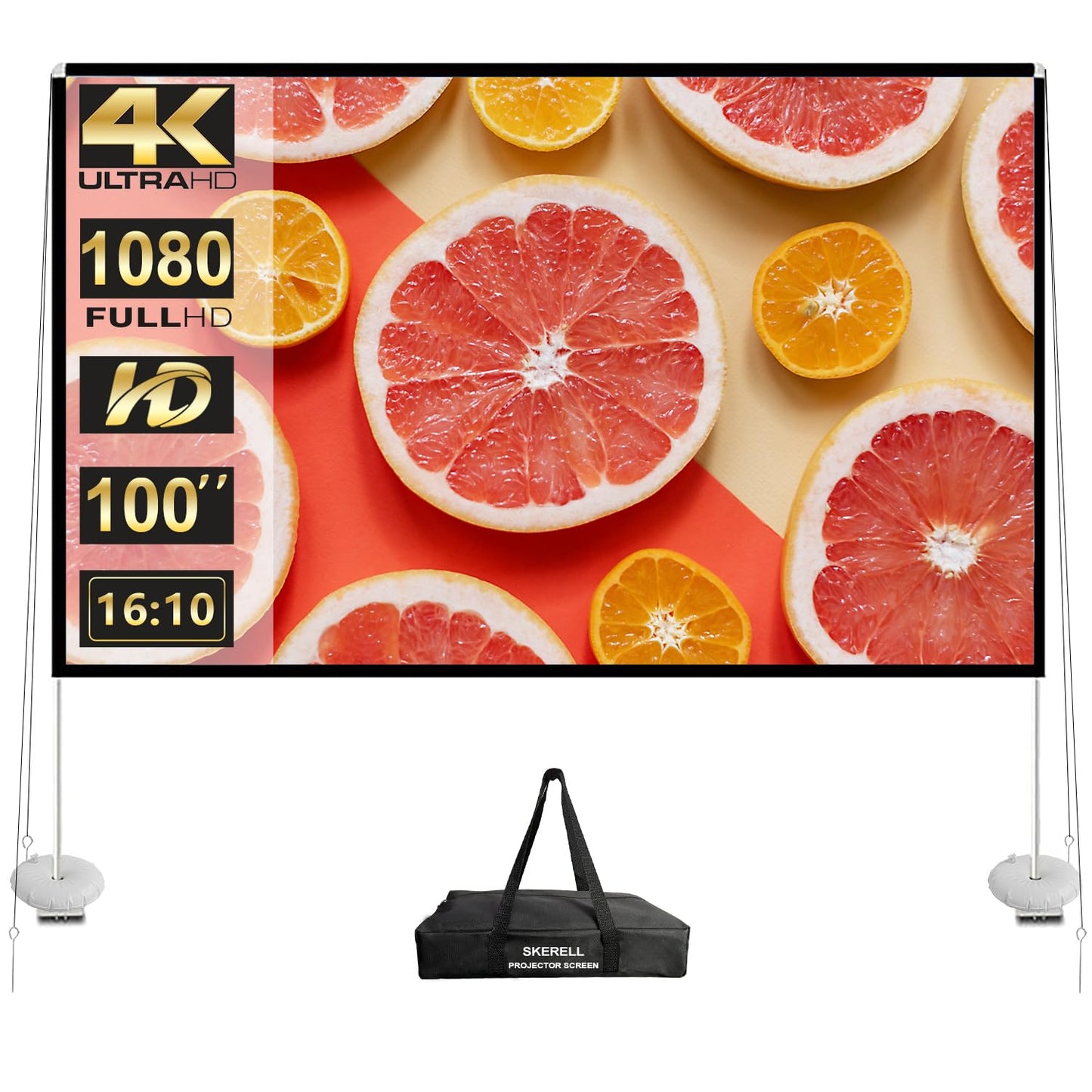visualización de proyector para exteriores con soporte de 100 pulgadas: visualización de proyección portátil 16:10 4K HD al aire última intervensión con bolsa de transporte para el hogar patio trasero