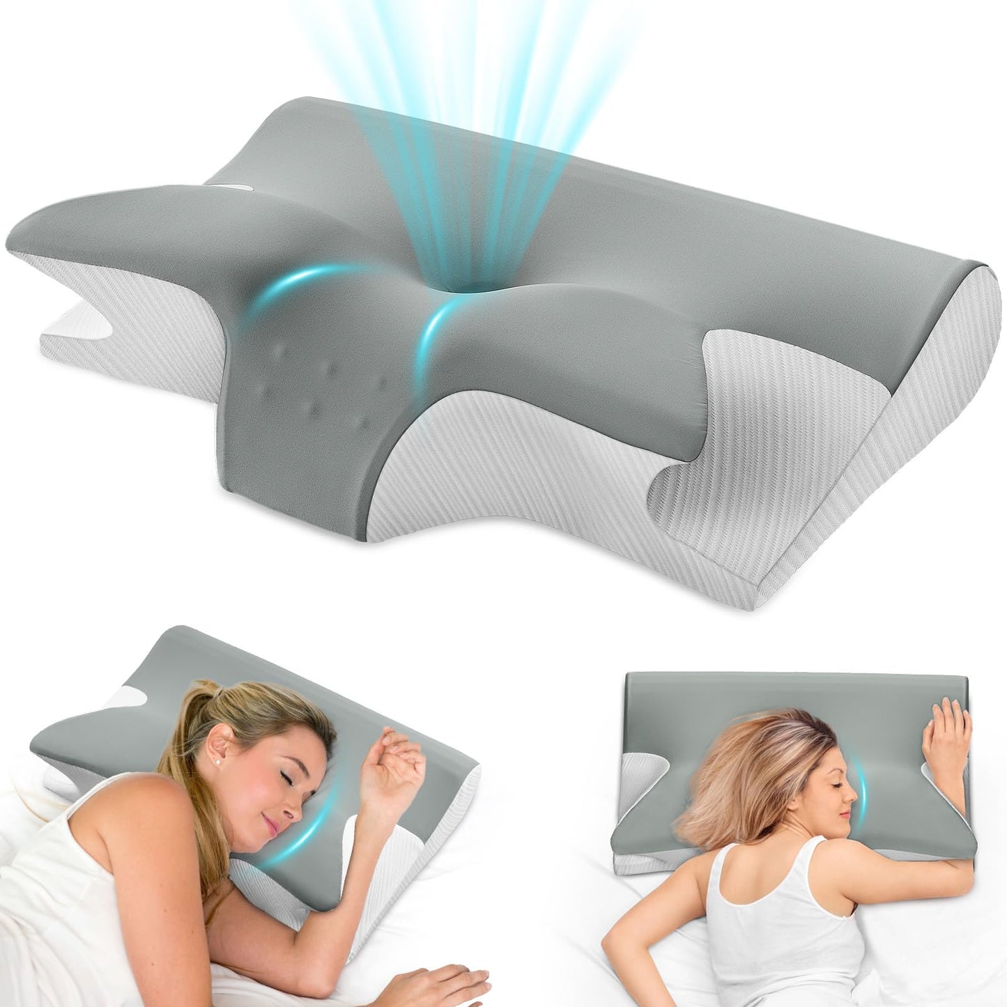 KIROGILY Almohada Cervical, Almohadas Memory Foam para Aliviar el Dolor de Cuello, Almohada Ortopédica Ergonómica para Personas Que Dormir de Lado, Boca Arriba o Boca Abajo, con Fundas de Almohada