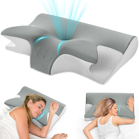 KIROGILY Almohada Cervical, Almohadas Memory Foam para Aliviar el Dolor de Cuello, Almohada Ortopédica Ergonómica para Personas Que Dormir de Lado, Boca Arriba o Boca Abajo, con Fundas de Almohada
