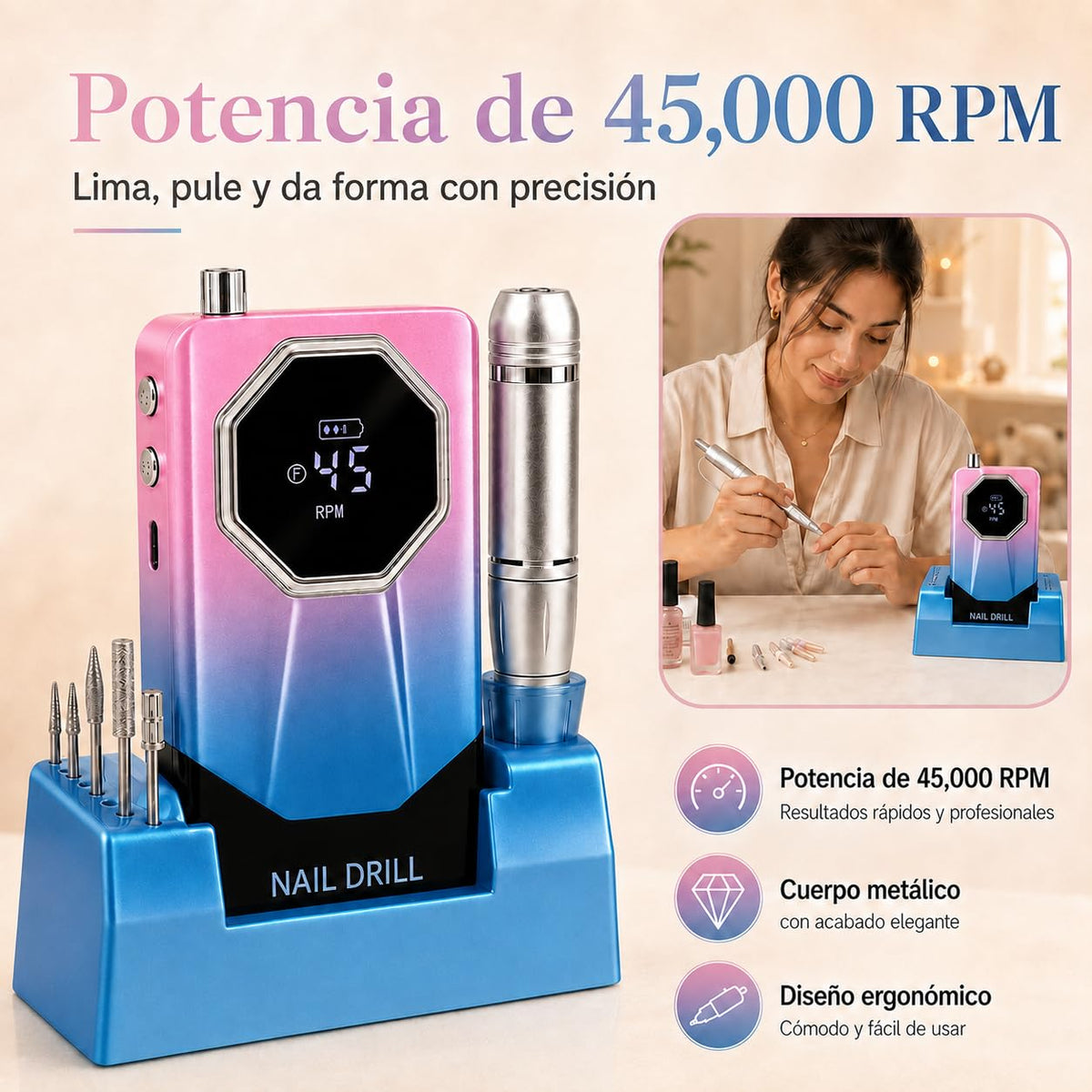 Esmerl para Uñas Eléctrica,Drill para Uñas Profesional 45000 rpm de Velocidad Ajustable con base de soporte,6 Drill Multifunción,Drill para Uñas Profesional de bajo ruido para uso doméstico y salón.
