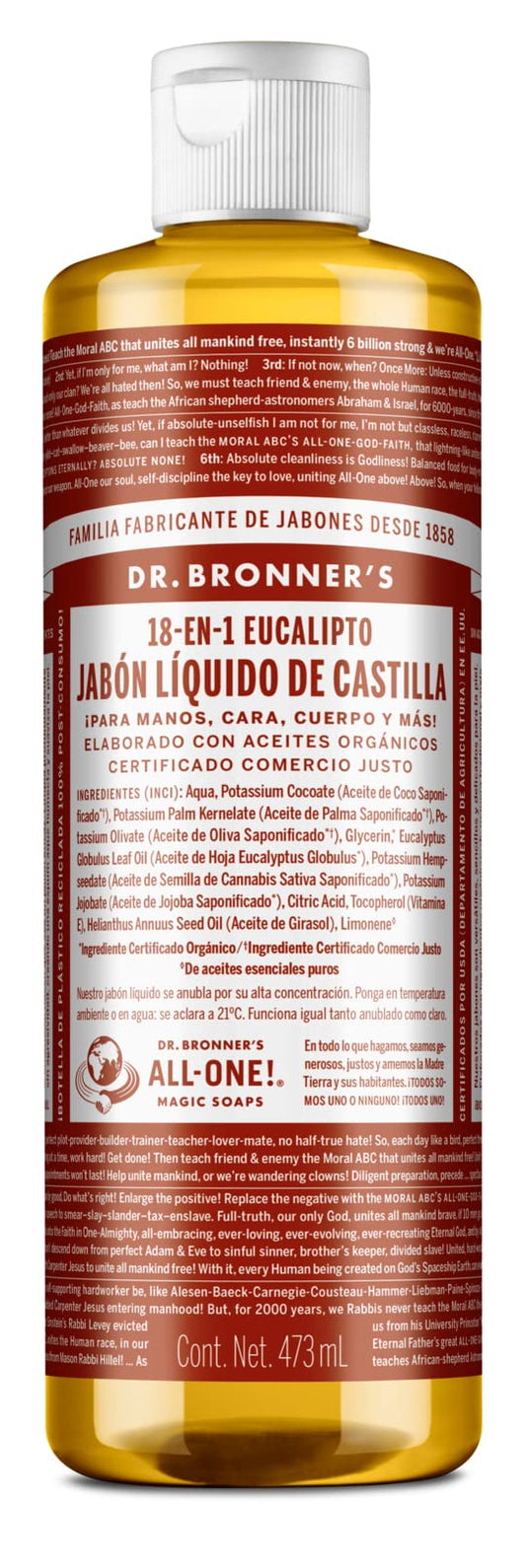 Dr. Bronner's | Jabón de castilla orgánico, ayuda a remover células muertas y descongestionar vías respiratorias - con aceite esencial de Eucalipto 473 ml