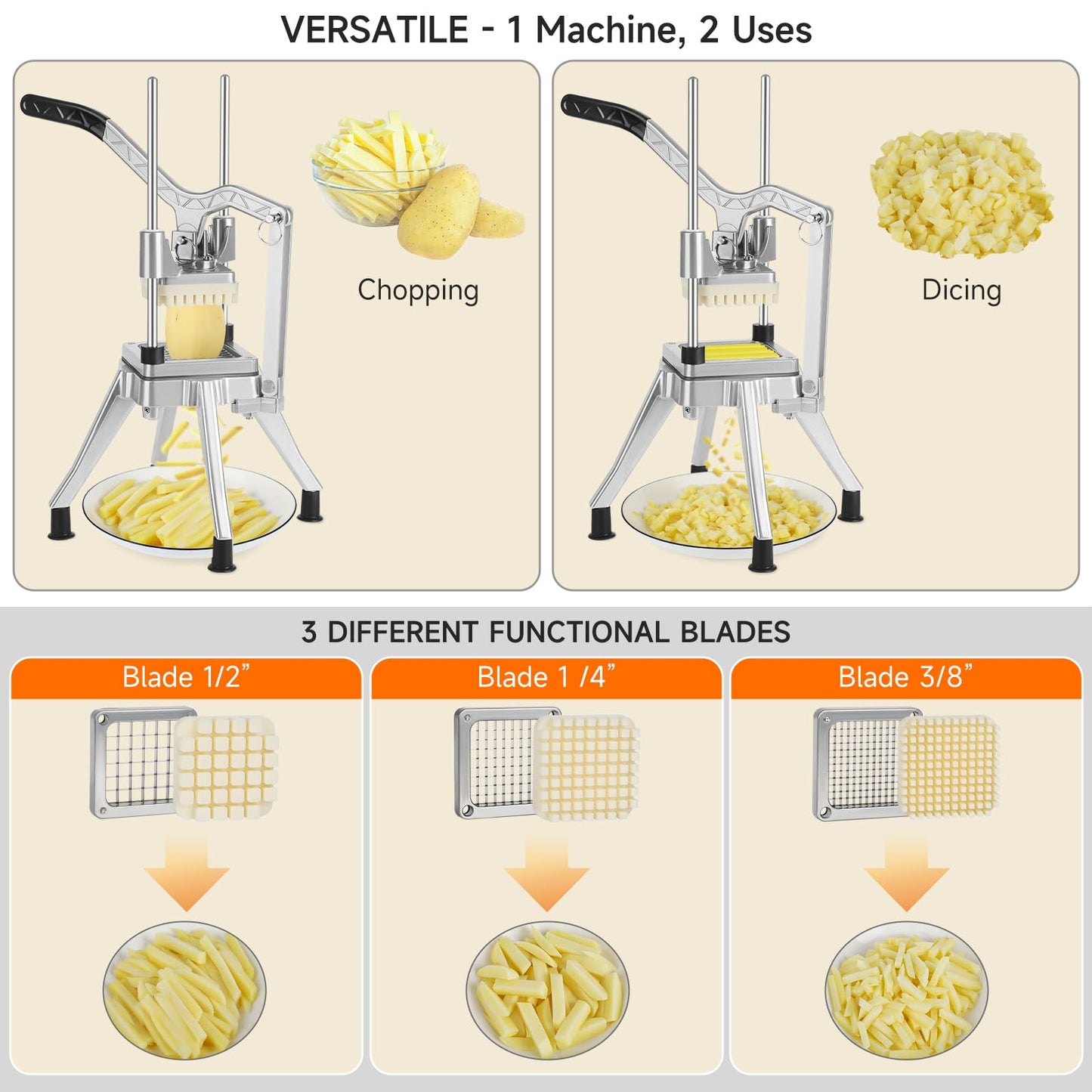 DEPFALL - Picador comercial de verduras, cortador de freír francés de acero inoxidable, cortador de patatas resistente para rebanador de frutas para restaurante, hogar, cocina (1/2 pulgadas + 3/8