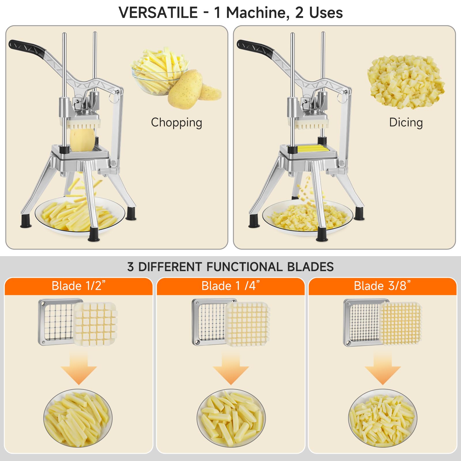 DEPFALL - Picador comercial de verduras, cortador de freír francés de acero inoxidable, cortador de patatas resistente para rebanador de frutas para restaurante, hogar, cocina (1/2 pulgadas + 3/8