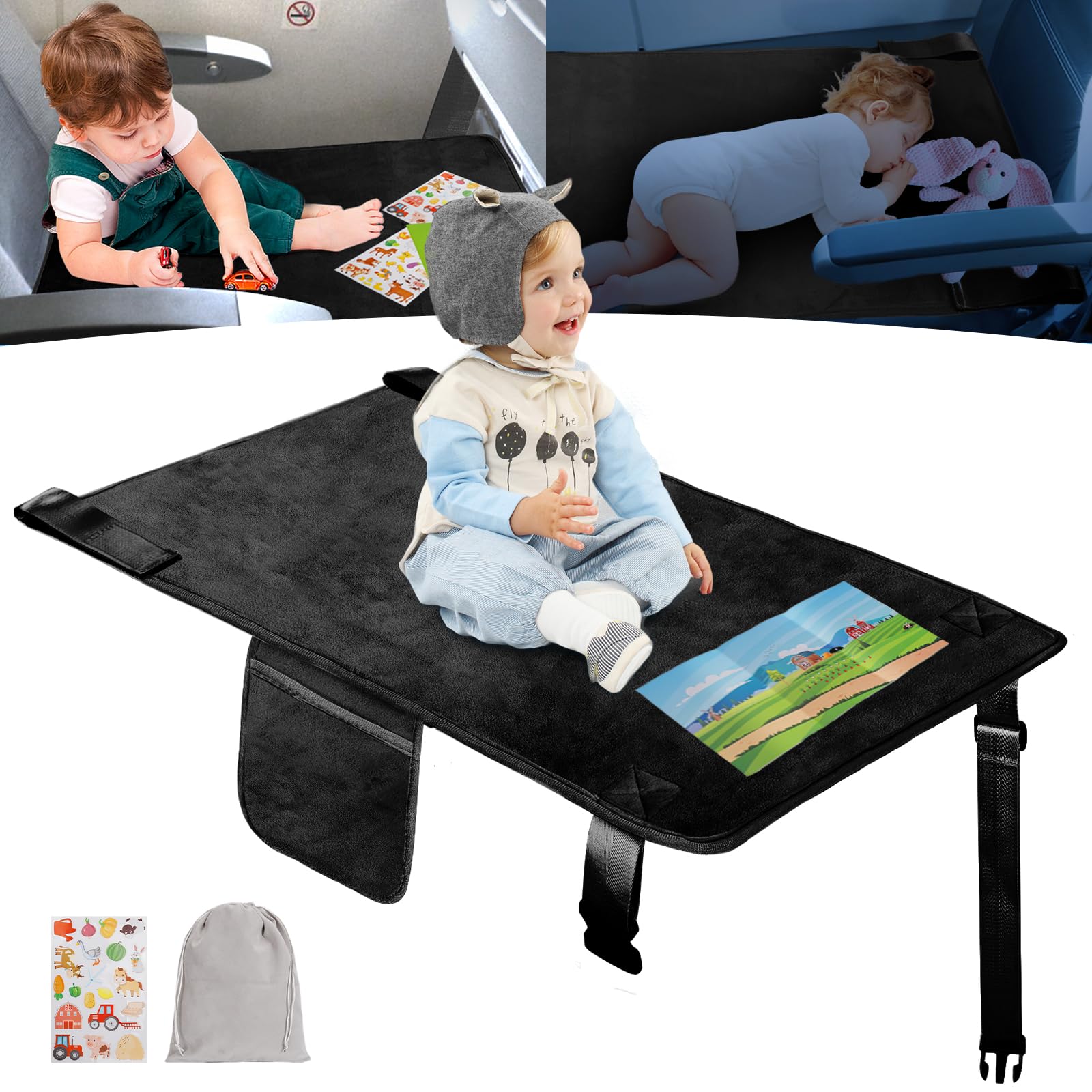 GoCozy - Cama de avión para niños, artículos esenciales de viaje para niños, artículos esenciales de viaje para avión con libro de pegatinas, color negro