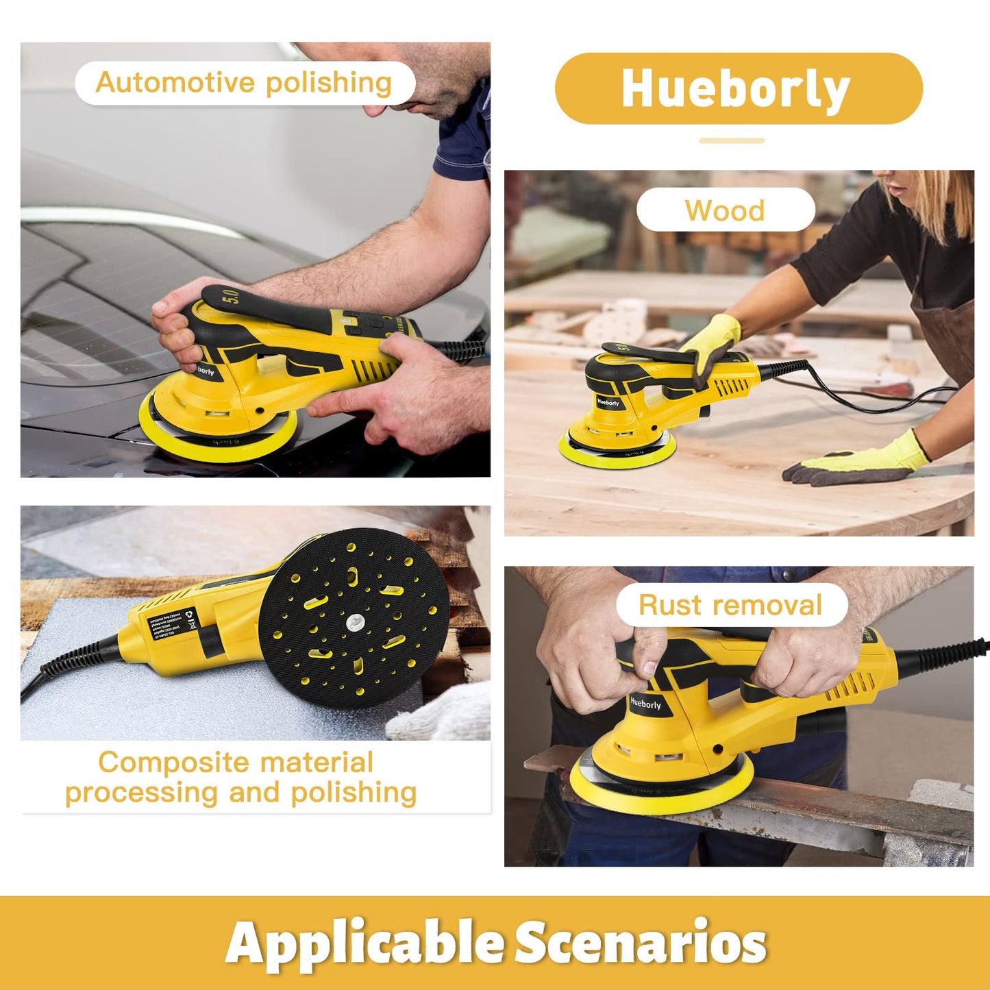 Hueborly Lijadora orbital aleatoria eléctrica, sin escobillas, potente lijadora pulidora de 350 W, herramienta de velocidad variable de 6 pulgadas, 10000 rpm, para lijar paredes y madera, eliminación