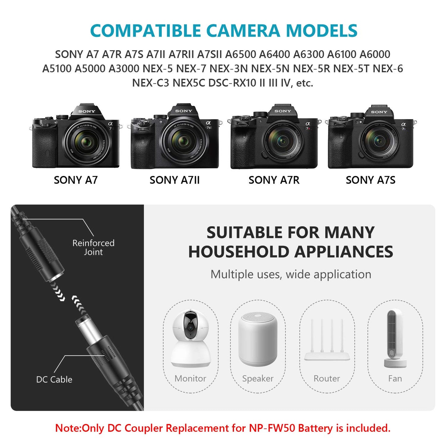 Neewer - Acoplador DC de repuesto para NP-FW50 adaptador de corriente de batería simulada con cable USB compatible con Sony A7 A7R A7S A7II A7RII A7SII A6500 A6400 A6300 A6100 A6000 NEX5 NEX7 DSC-RX10