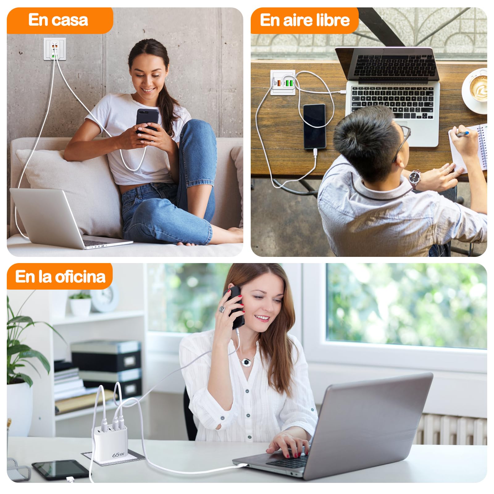 JUGLUTE Cargador 5 en 1 Portátil: 3 USB + 2 Tipo C, Cable USB-C 1.5m Incluido, Ideal para Laptop, iPad, iPhone 15/14/13, Sansung. Compacto, Seguro con Certificación y Protección Integrada