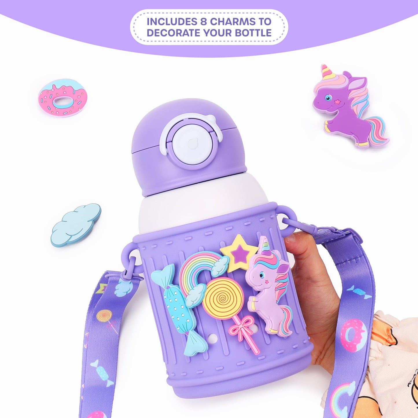 Le Glacier - Botella de agua aislada para niños de 16 onzas, vaso de acero inoxidable con tapa de popote y tapa de vertido, taza a prueba de fugas sin BPA con abalorios, correa y funda de silicona
