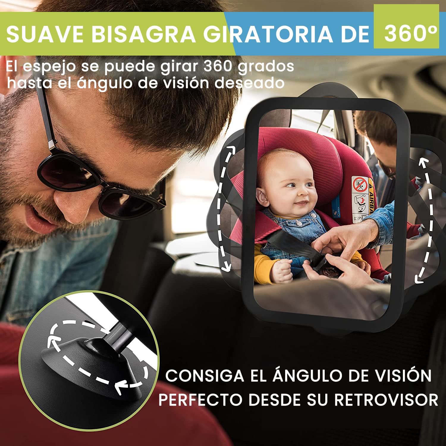Espejo Bebé Coche - Espejo Asiento Coche Espejo Grande de Seguridad para Niños en Sentido Contrario a la Marcha | Amplia Visión | Inastillable | Rotación de 360° Espejo de Observación para Bebé