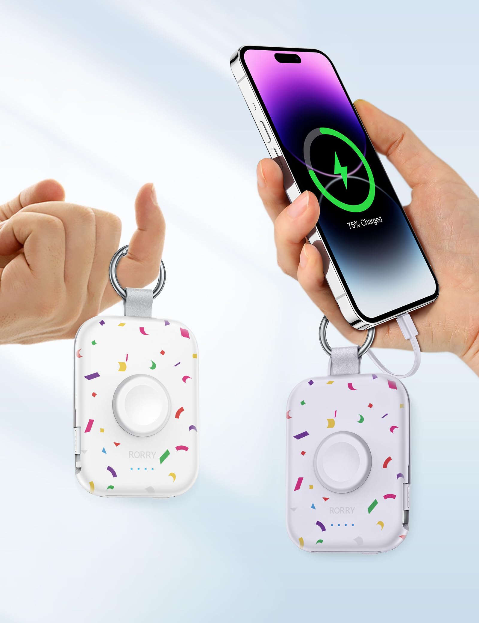 Cargador Portátil RORRY Confetti Blanco con Cables Integrados para Apple Watch e iPhone