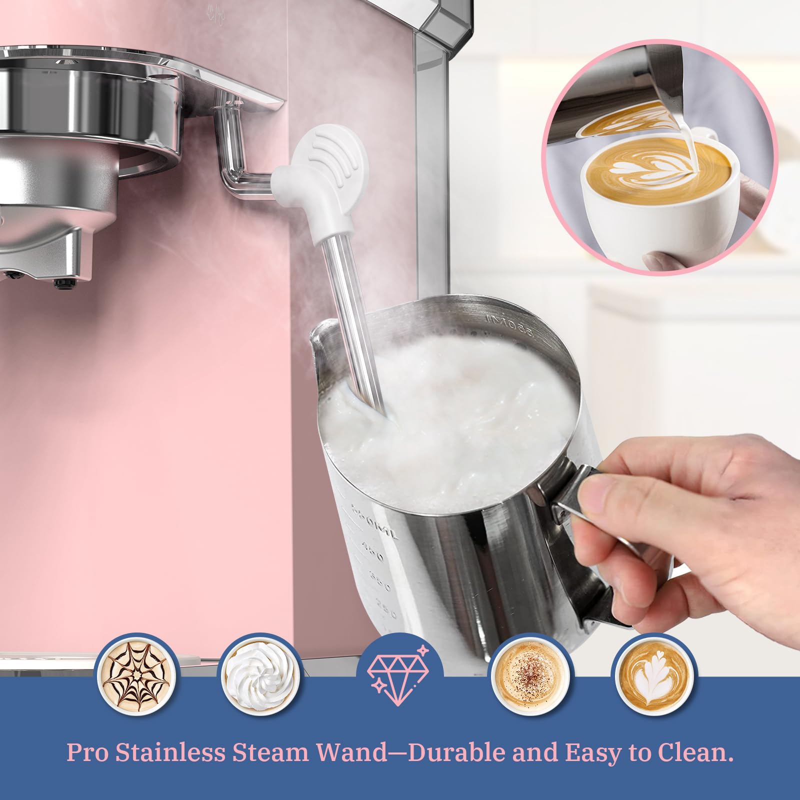Laekerrt Máquina de café exprés profesional de 20 bares, con espumador de leche, casera de acero inoxidable para capuchino y café con leche, regalo para mujeres, esposa, hija o mamá, color rosa
