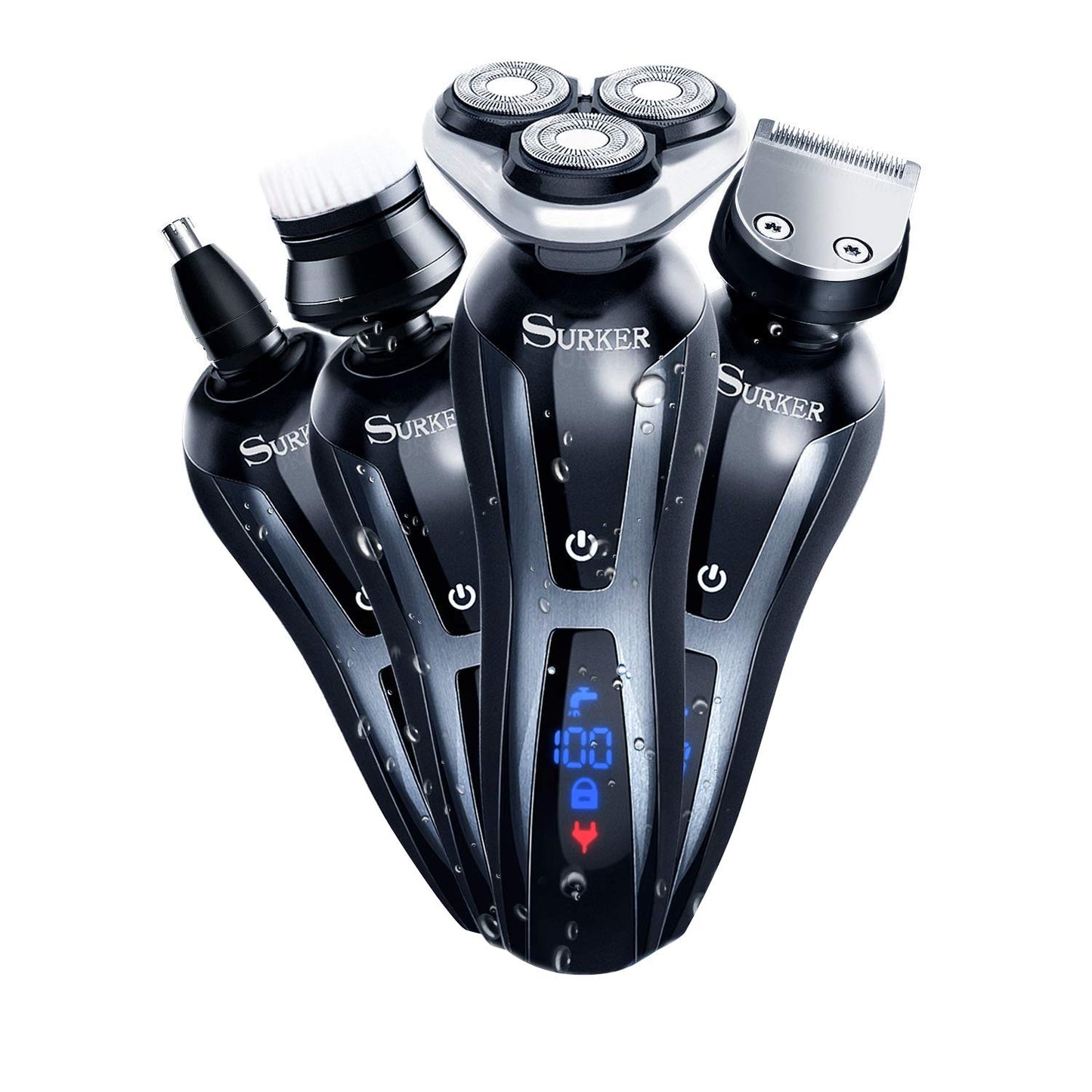 SURKER Maquinilla de afeitar eléctrica sin cable para barba para hombres, recortadora de pelo de nariz 3 en 1, kit de aseo más 1 cepillo de limpieza facial impermeable, recargable por USB, seco y húmedo