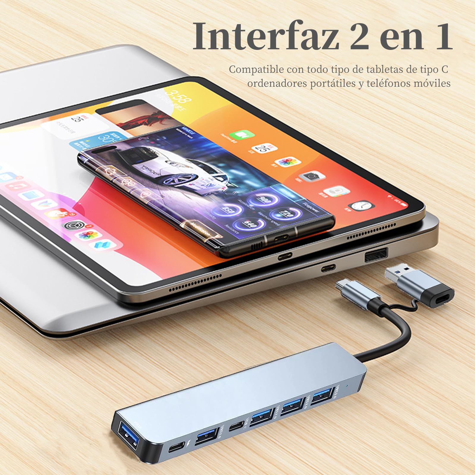 Hub USB C,7 en 2 Adaptador Multipuerto USB C,USB Extension con 1 USB Puertos 3.0,4 USB Puertos 2.0,2 USB C Puertos DC y Data,Ultradelgado Convertidor 7 en 2